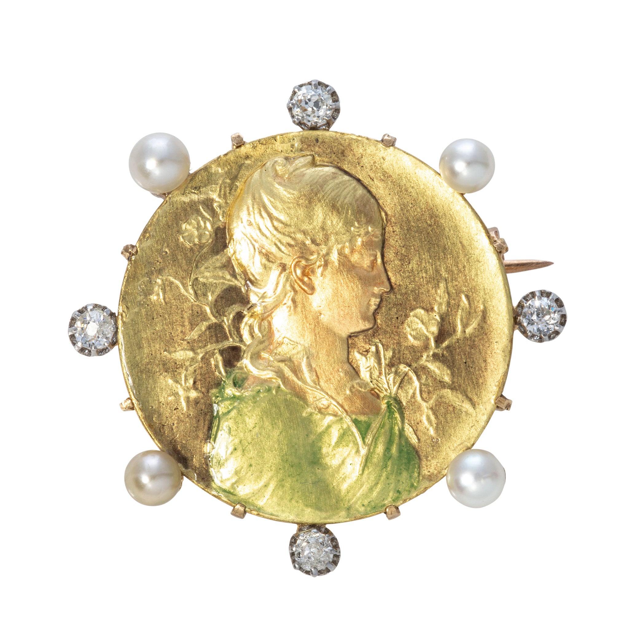 Art Nouveau Diamond, Pearl & Enamel 18K Gold Pin