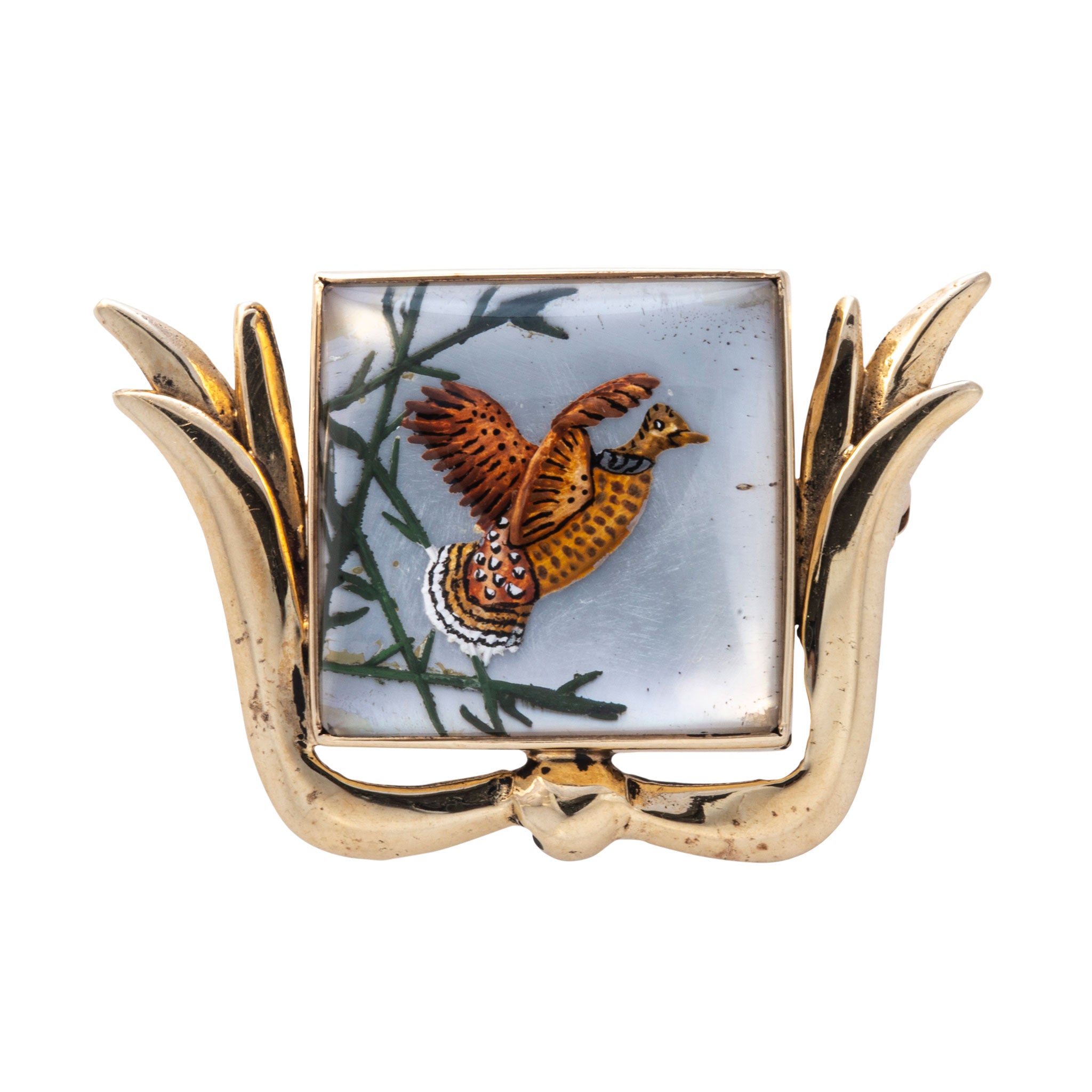 Victorian Essex Crystal Pheasant 14K Gold Pin