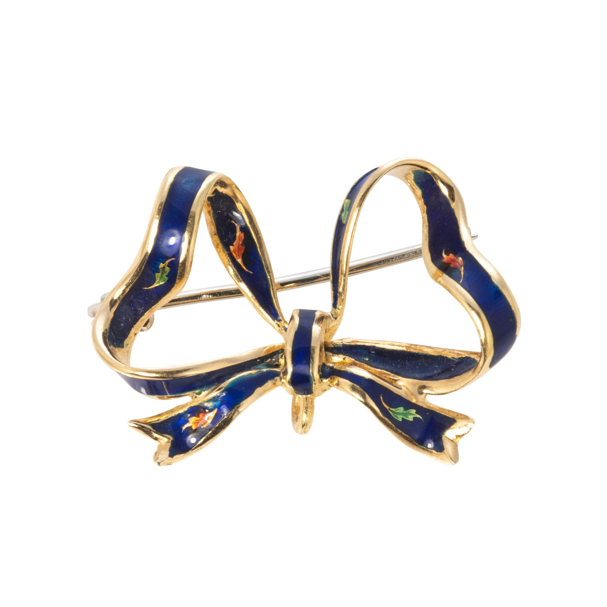 Estate 18K Yellow Gold Enamel Bow Pin