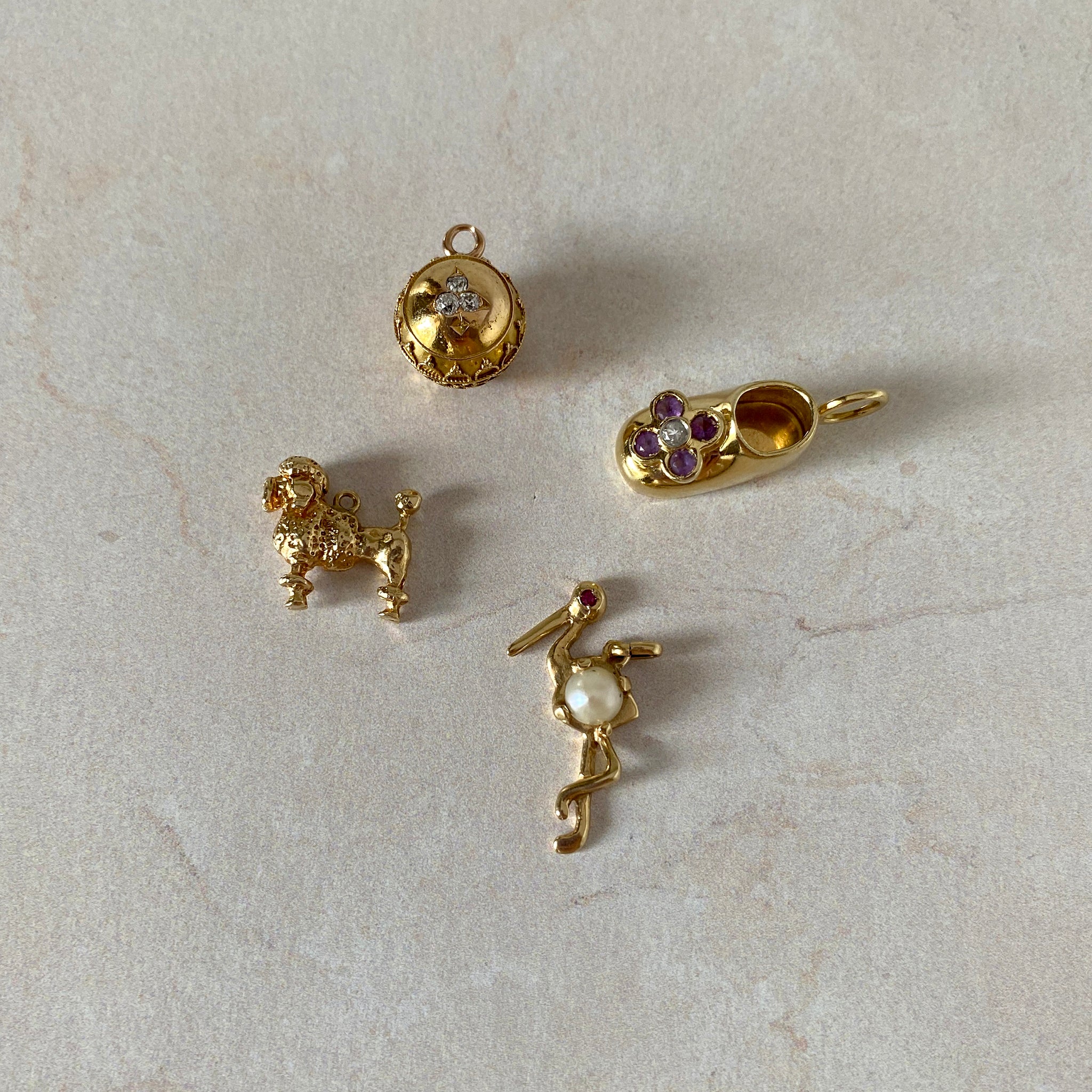 Vintage Amethyst & Diamond 14K Gold Baby Shoe Charm, Vintage Diamond 14K Yellow Gold Byzantine Charm