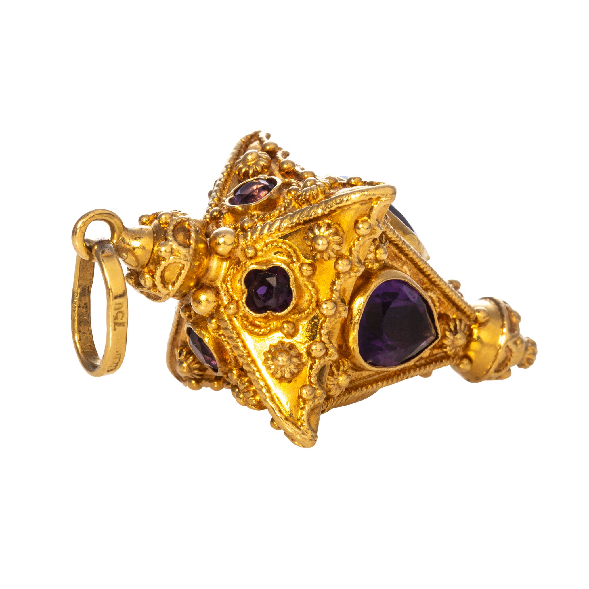 Vintage Etruscan Revival Amethyst 18K Gold Lantern Charm