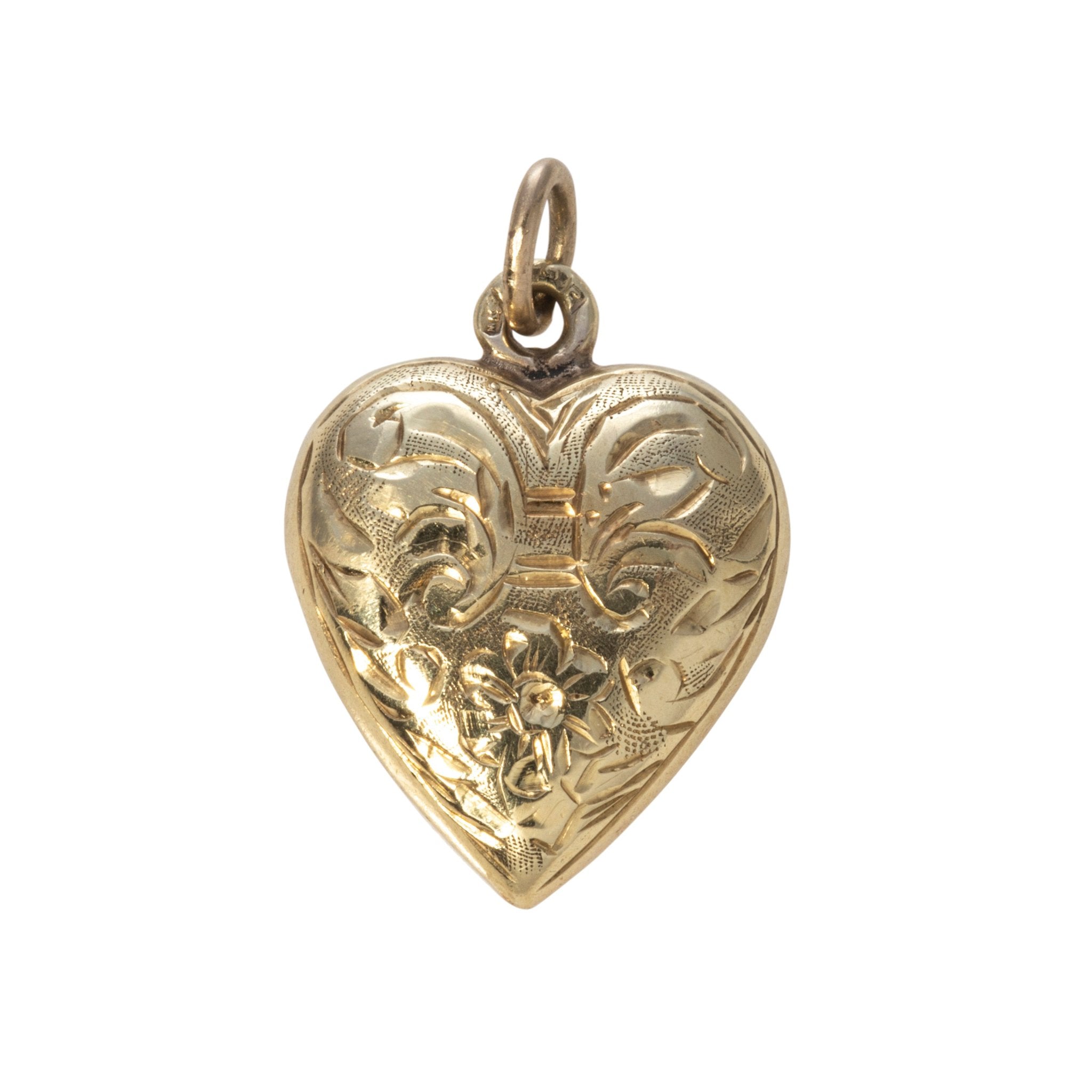 Vintage Engraved 14K Yellow Gold Puffed Heart Charm