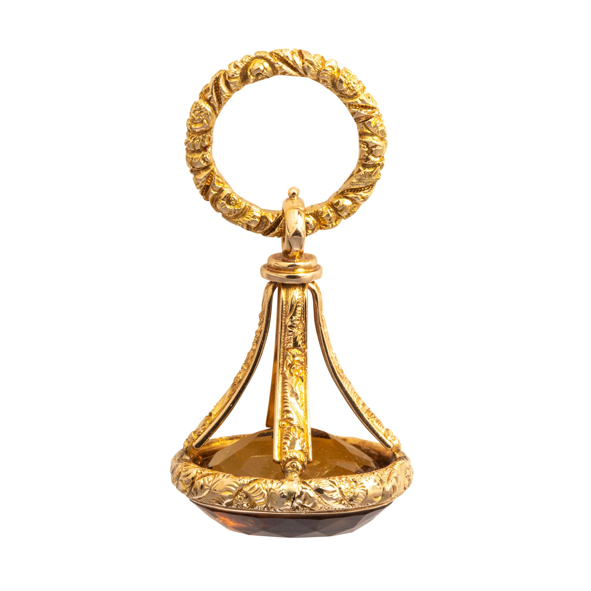 Victorian Colored Stone Engraved 14K Yellow Gold Fob Pendant