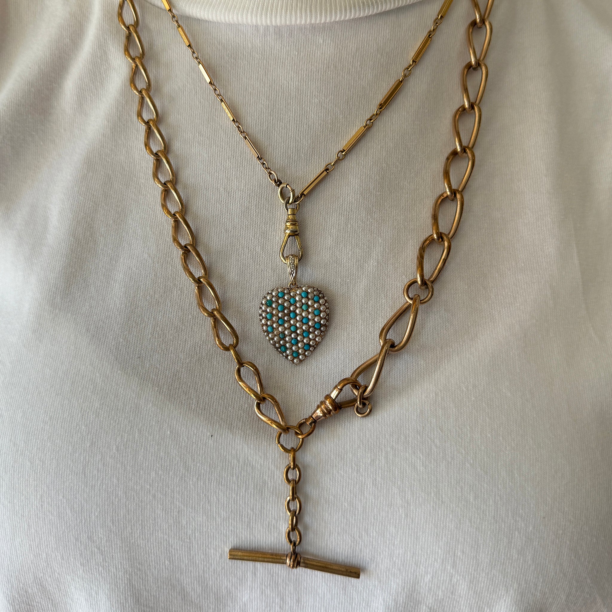 Victorian Turquoise, Pearl & Diamond 14K Gold Heart Pendant, Victorian Gold-Filled Mixed Link Chain Necklace