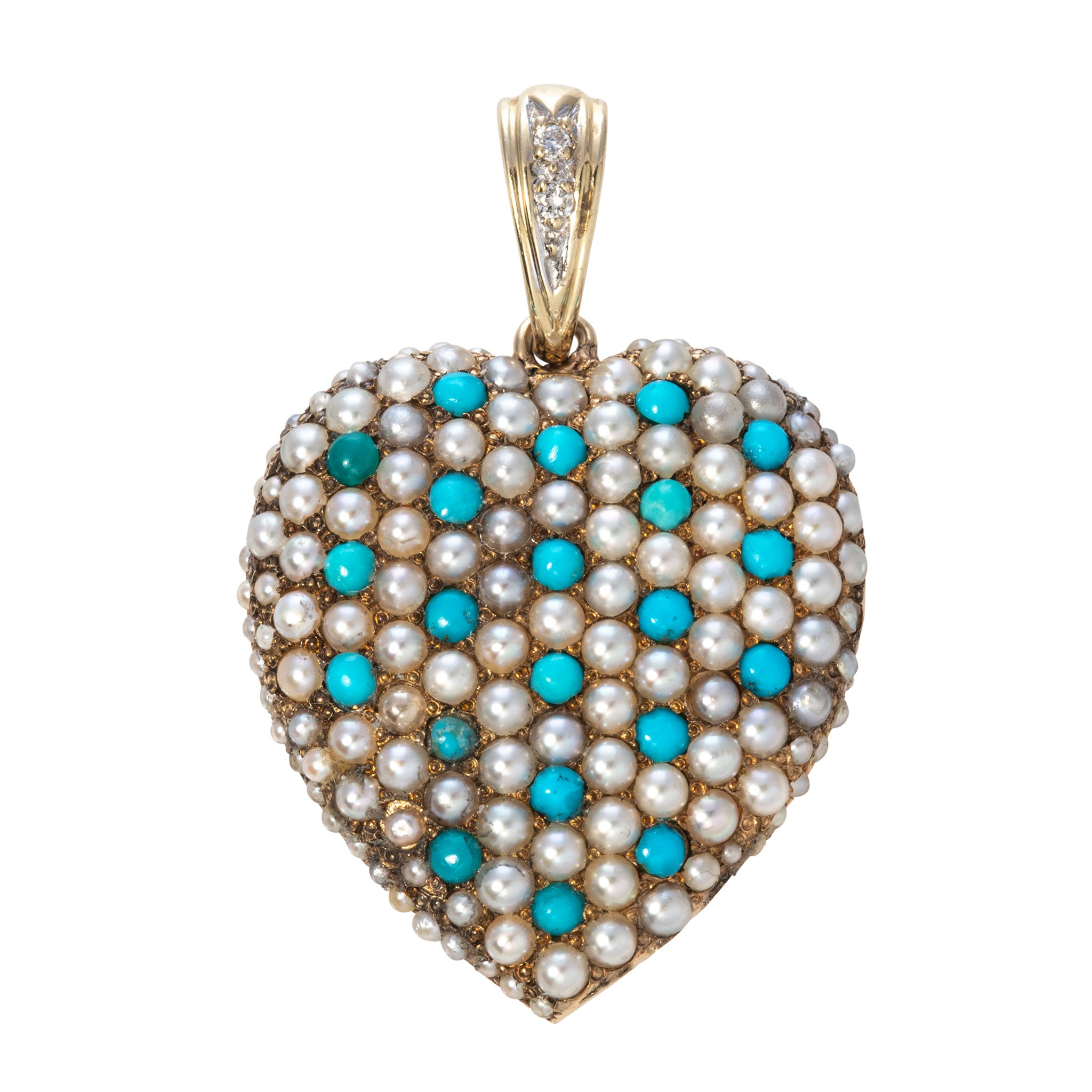 Victorian Turquoise, Pearl & Diamond 14K Gold Heart Pendant