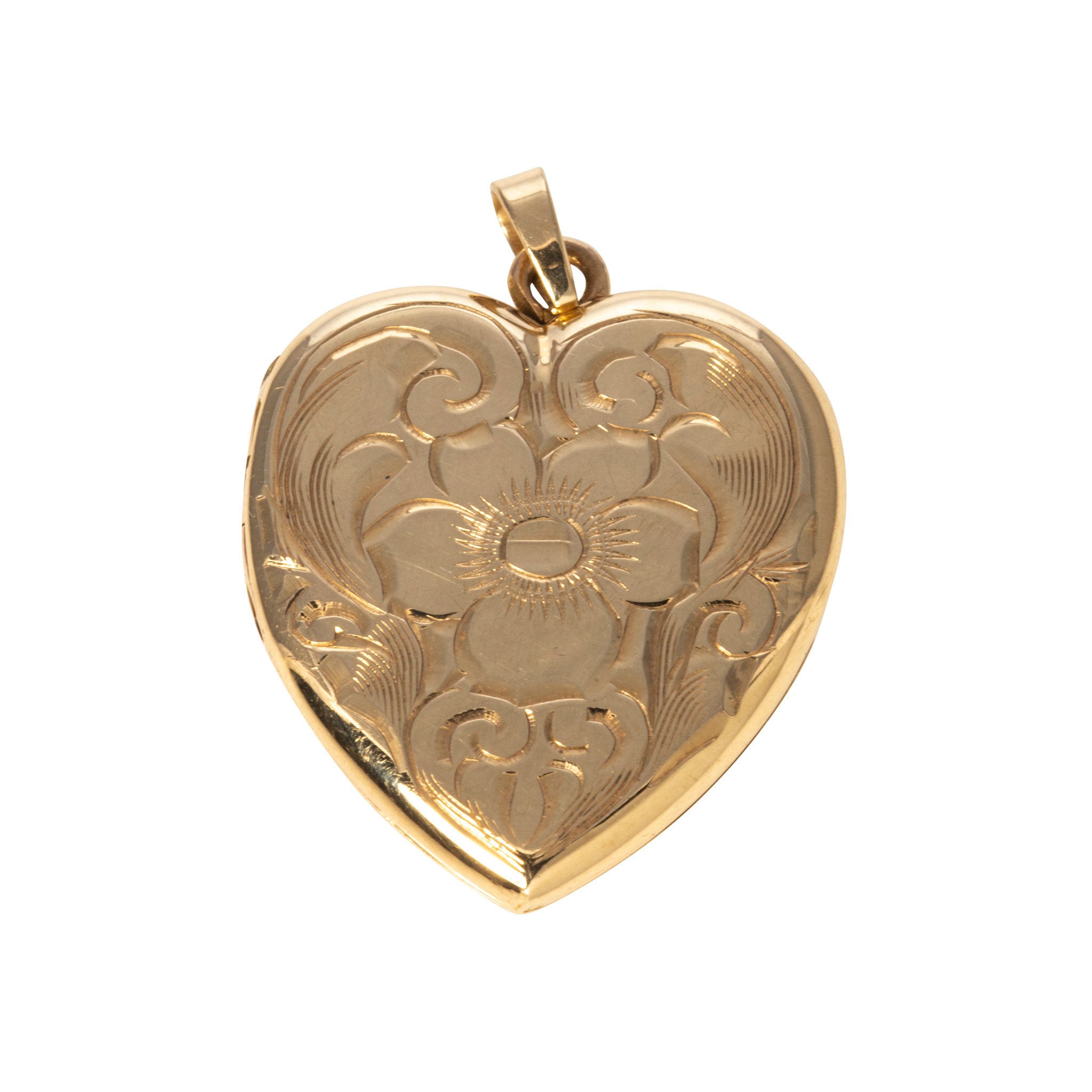 Vintage Floral Engraved 14K Yellow Gold Heart Locket Pendant