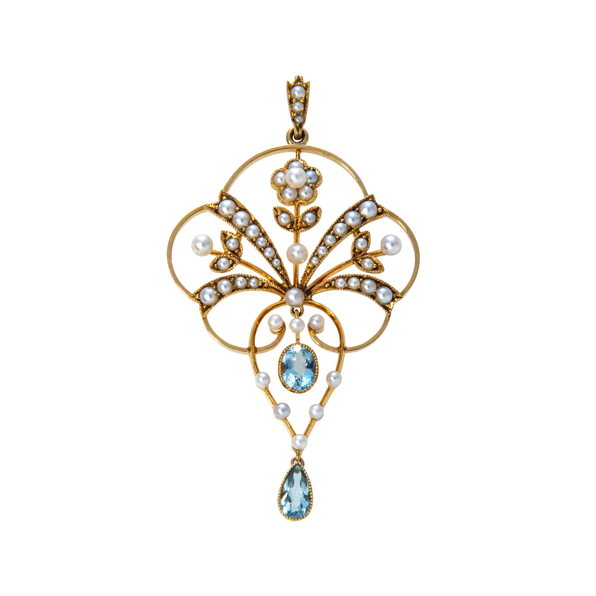 Art Nouveau Aquamarine & Pearl 14K Gold Lavalier Pendant