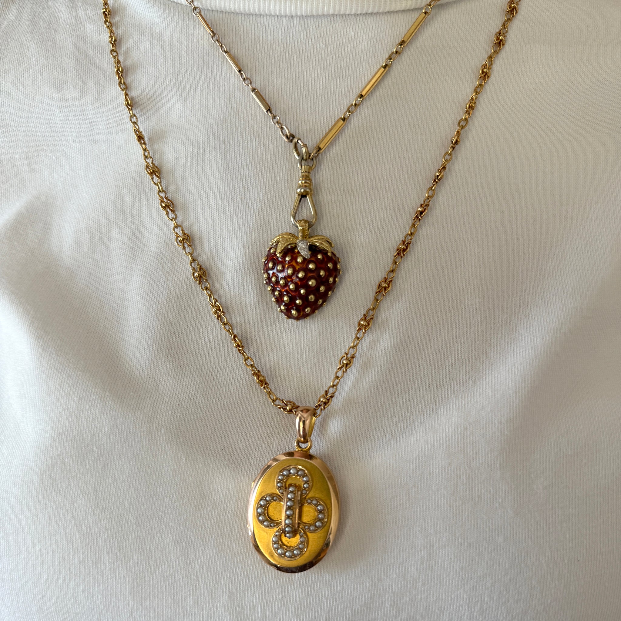 Vintage Enamel Diamond 18K Gold Strawberry Pendant, Victorian Seed Pearl 18K Gold French Oval Locket Pendant