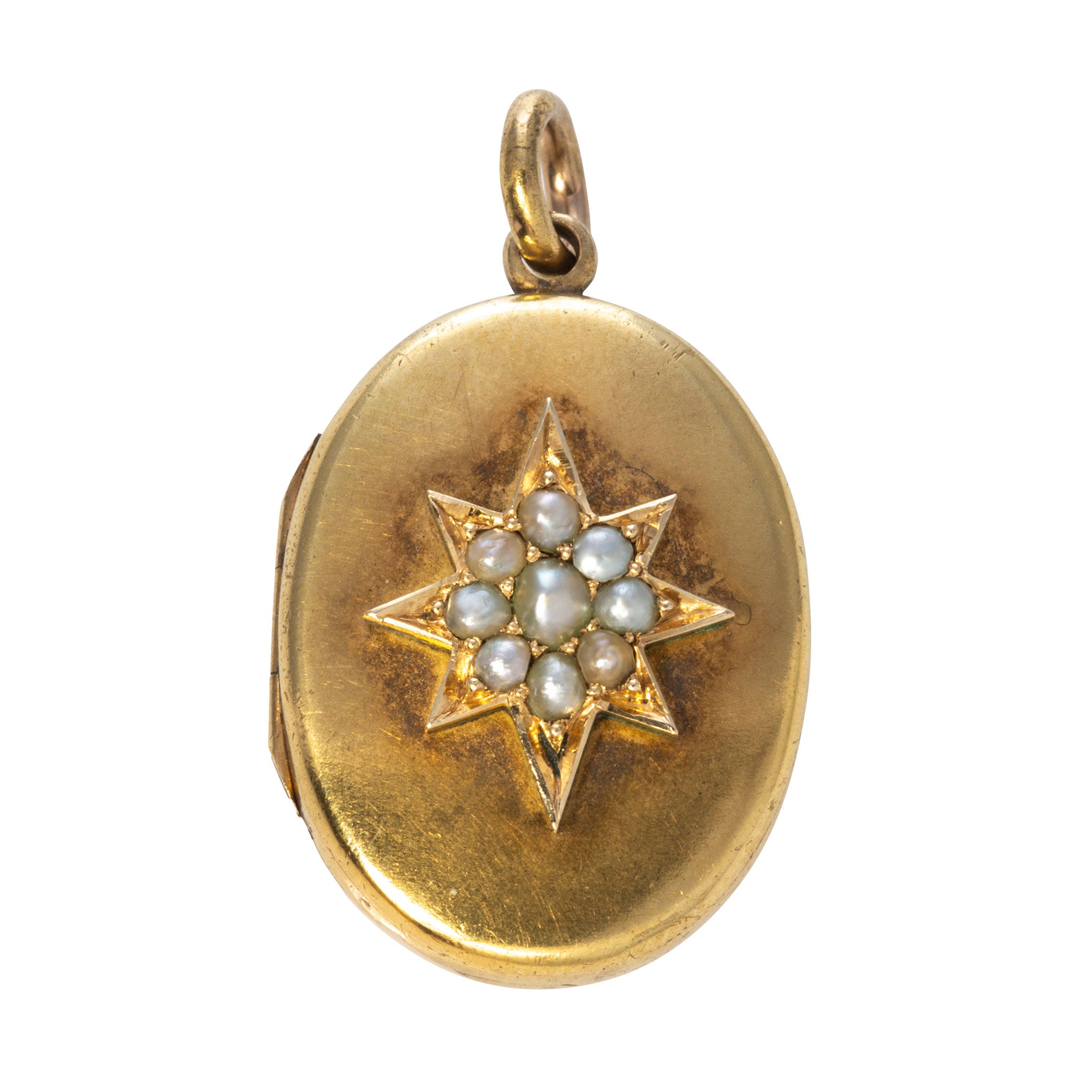 Victorian Pearl Starburst 15K Gold Oval Locket Pendant