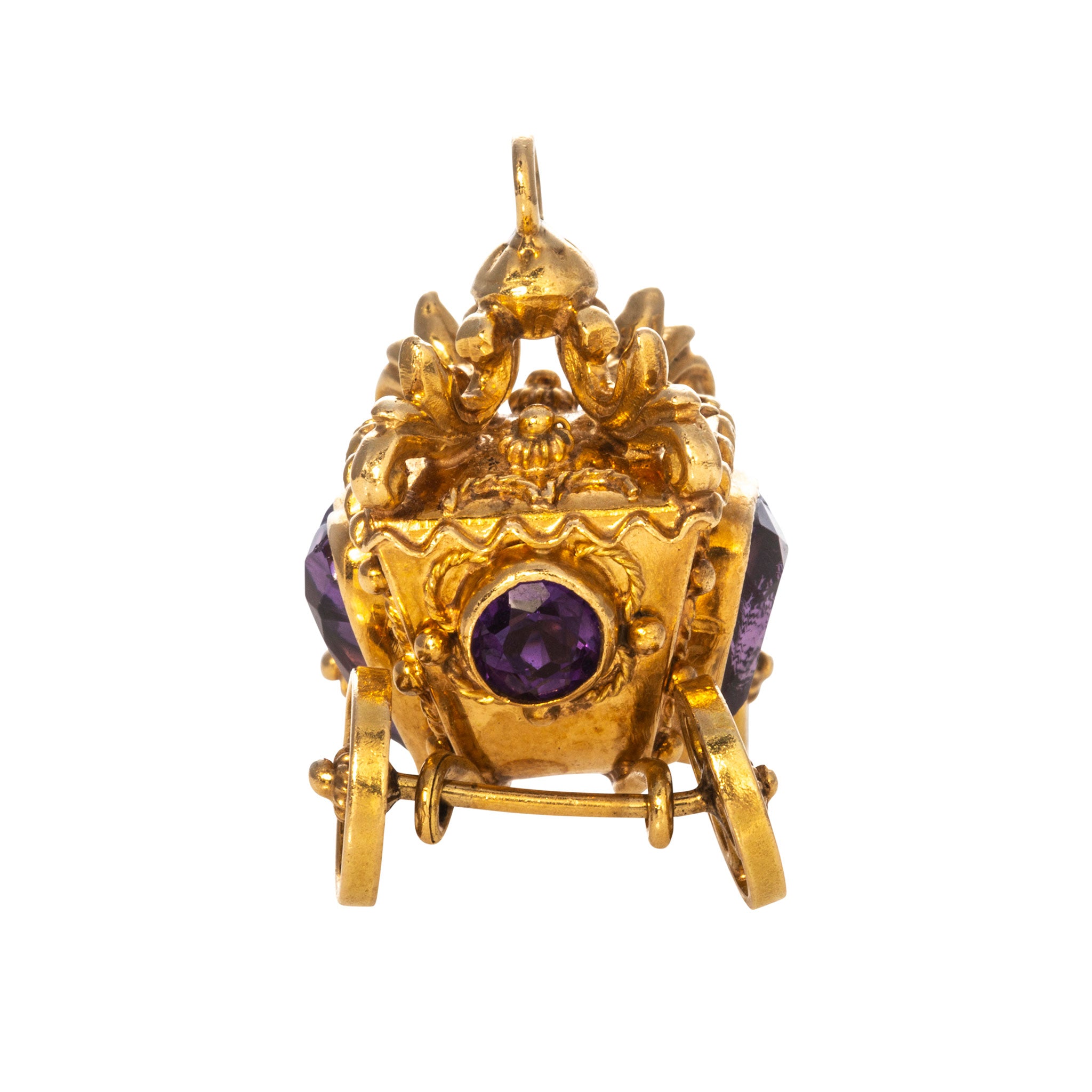 Vintage Etruscan Revival Amethyst 18K Gold Carriage Charm