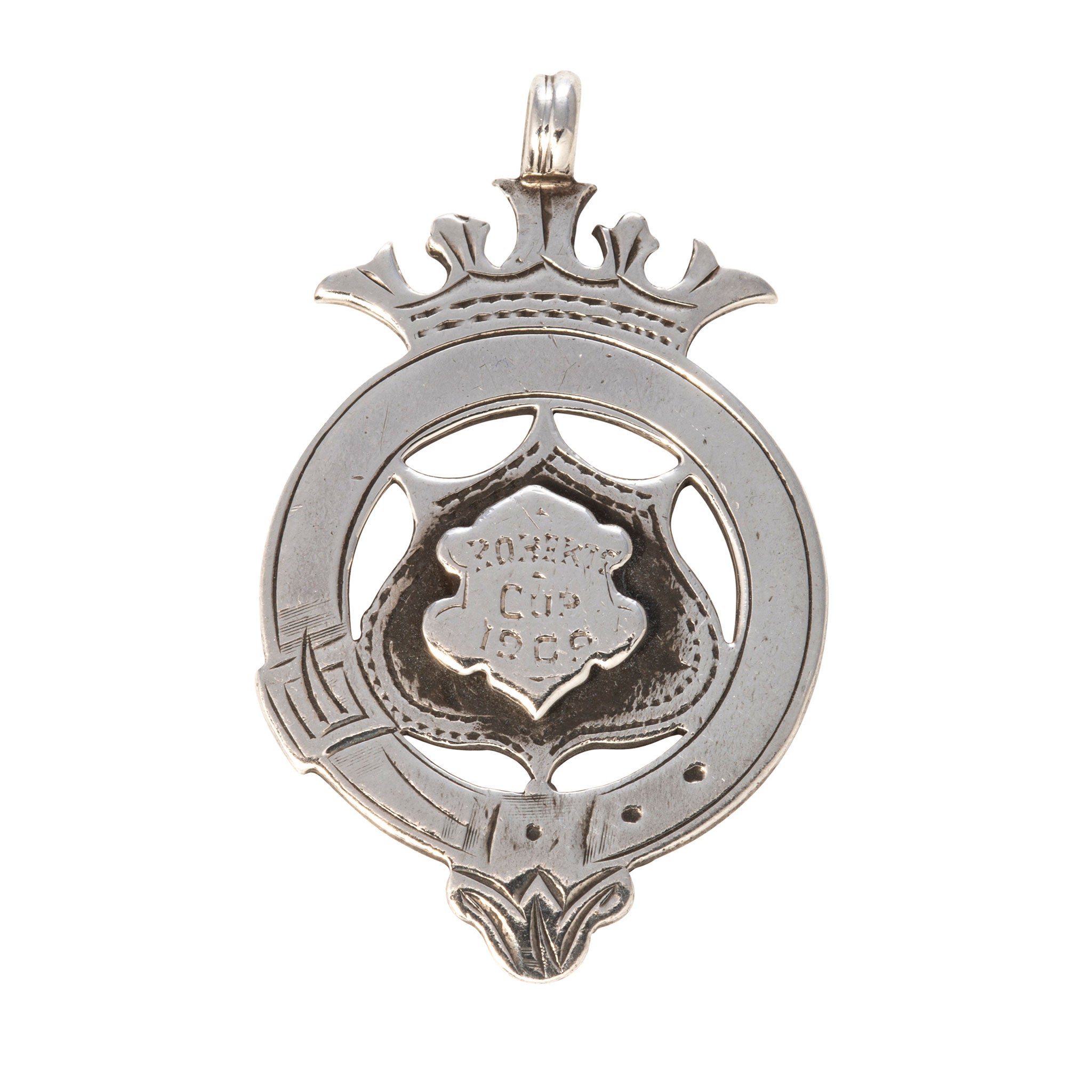 Edwardian Sterling Silver Engraved Shield Medal Fob Pendant