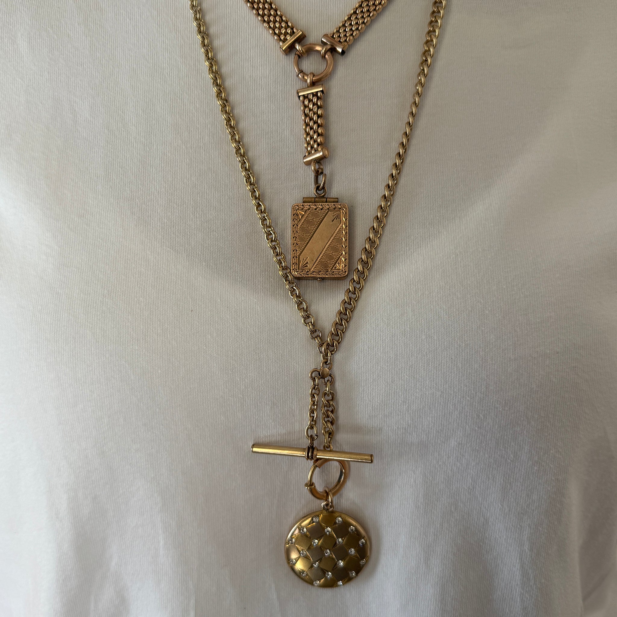 Victorian Square Pattern Paste Gold-Filled Locket Pendant, Victorian Gold-Filled Mixed Link Chain Necklace