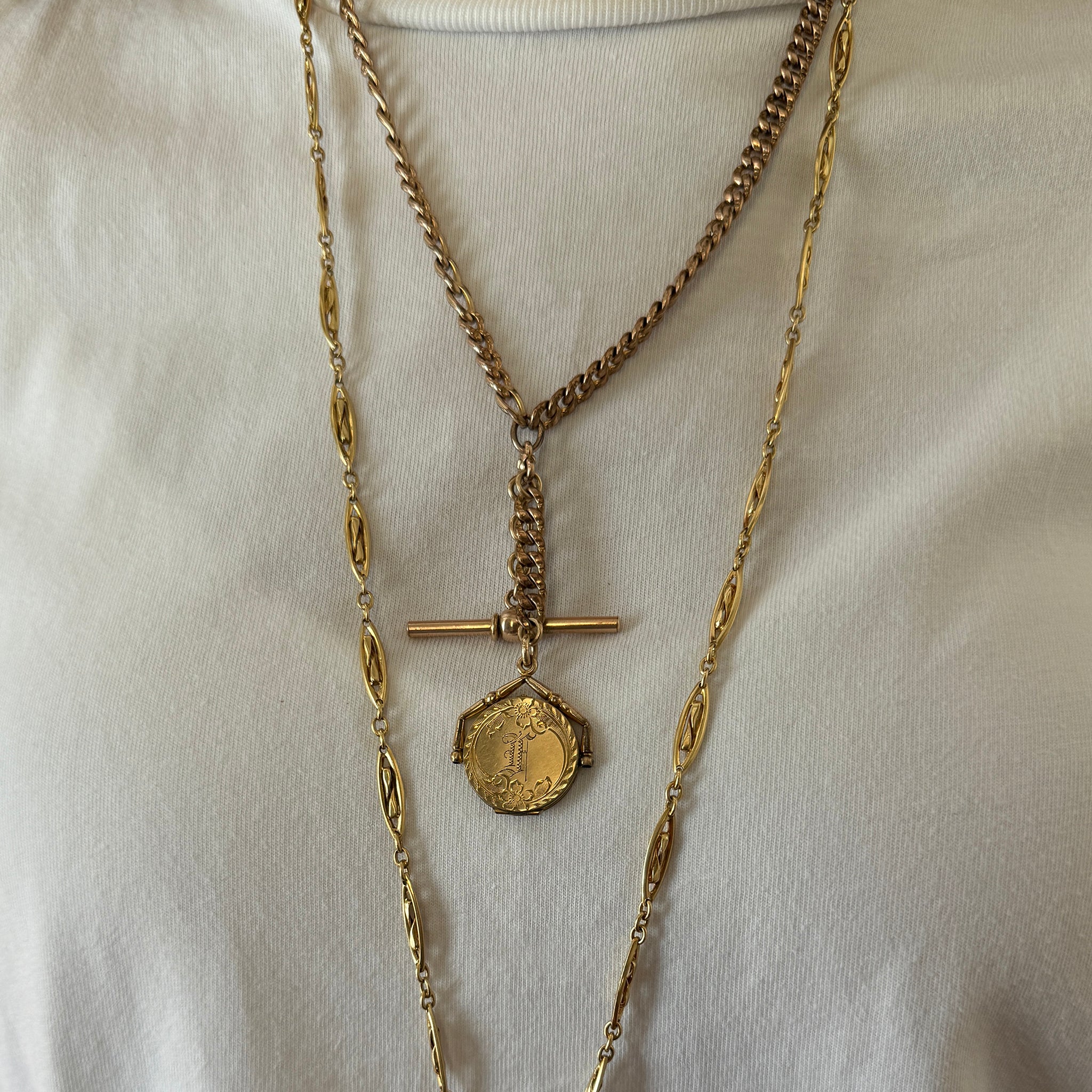 Victorian Gold-Filled Locket Pendant Mixed Link Chain Necklace