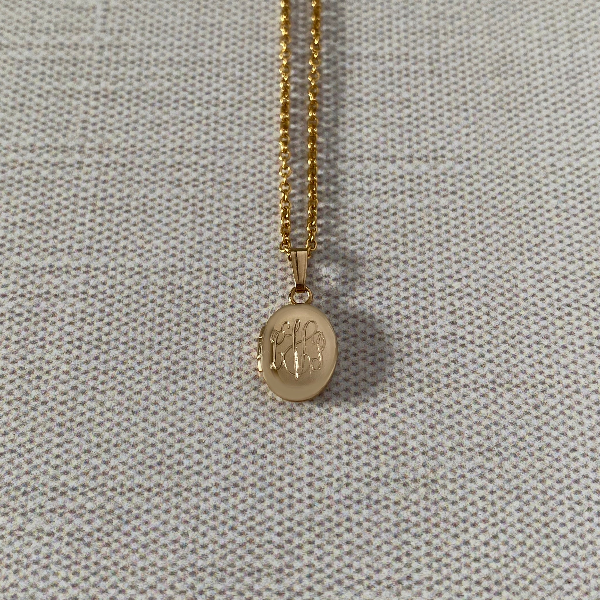 Baby 14K Gold Filled Oval Locket Necklace with machine engraved monogram