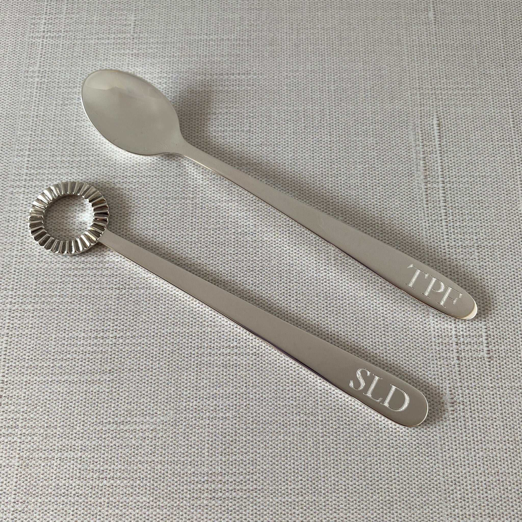 Sterling Silver Long Handle Baby Spoon with machine engraved block initials