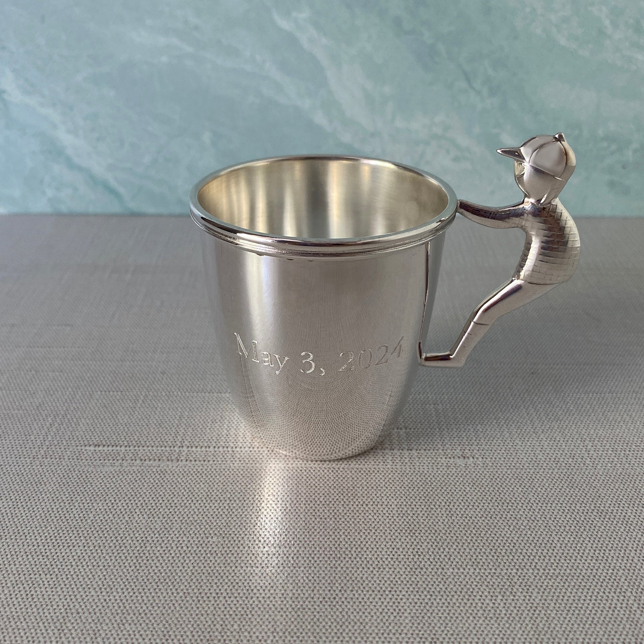 Sterling Silver Little Boy Handle Baby Cup with machine engraved date