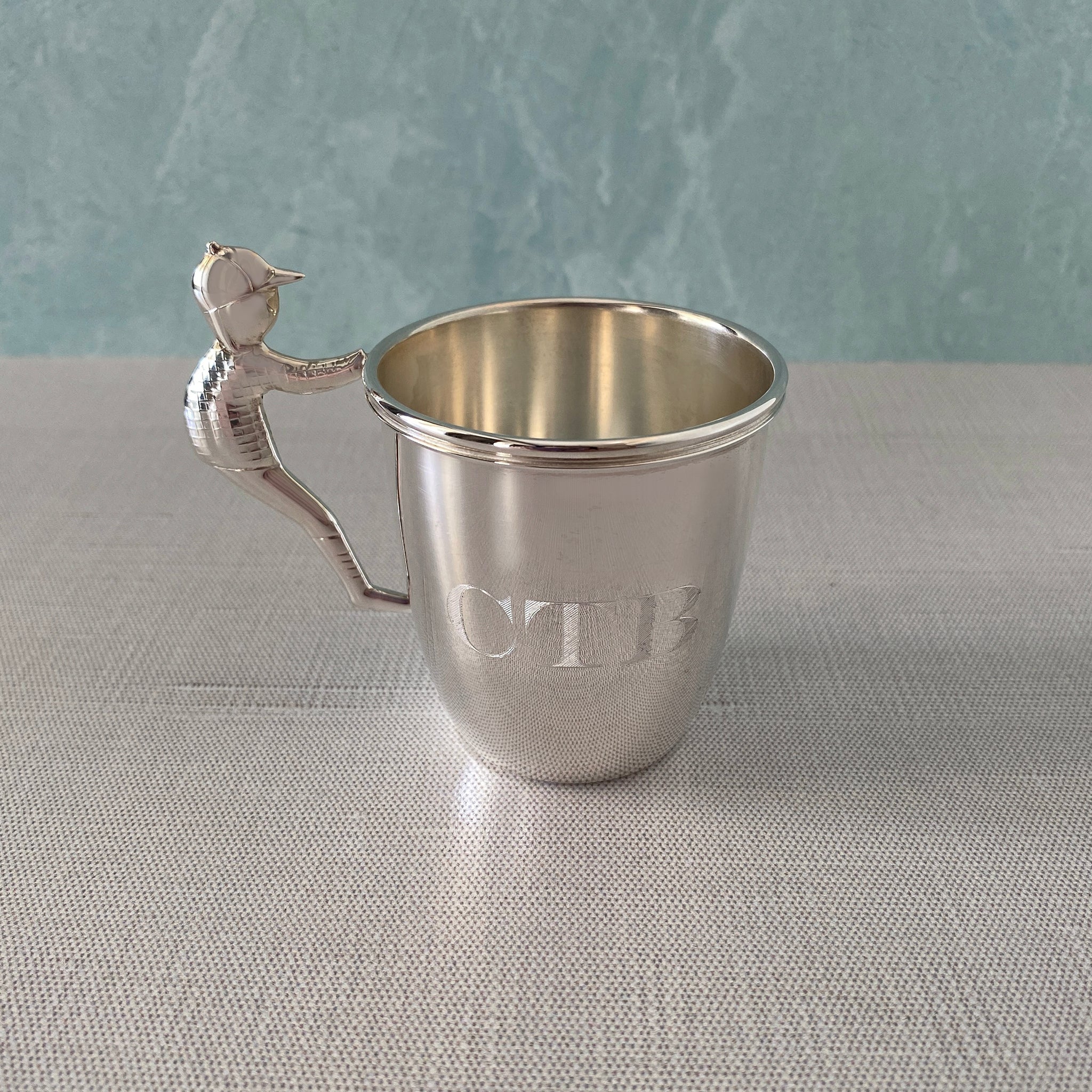 Sterling Silver Little Boy Handle Baby Cup with machine engraved initials