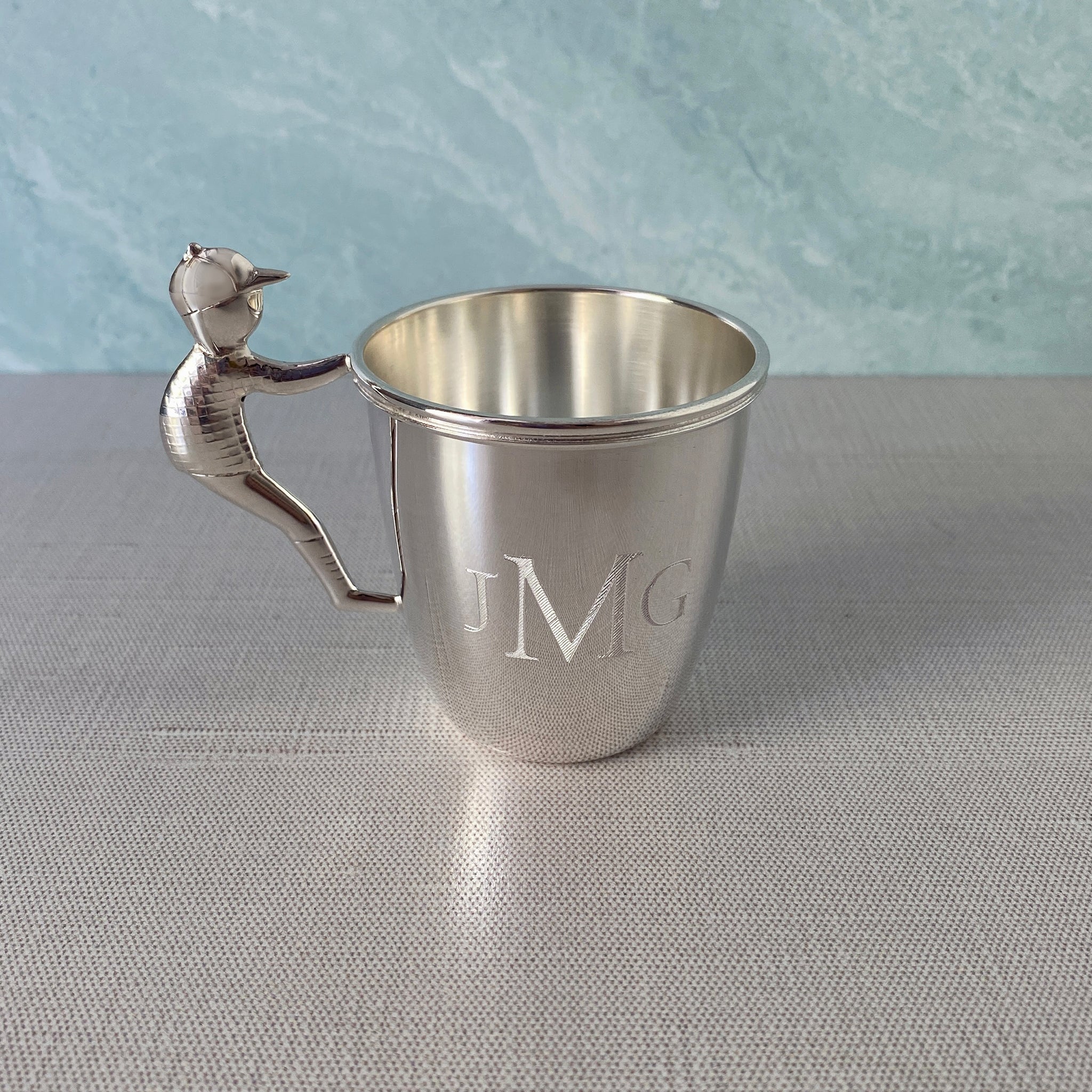 Sterling Silver Little Boy Handle Baby Cup with machine engraved monogram