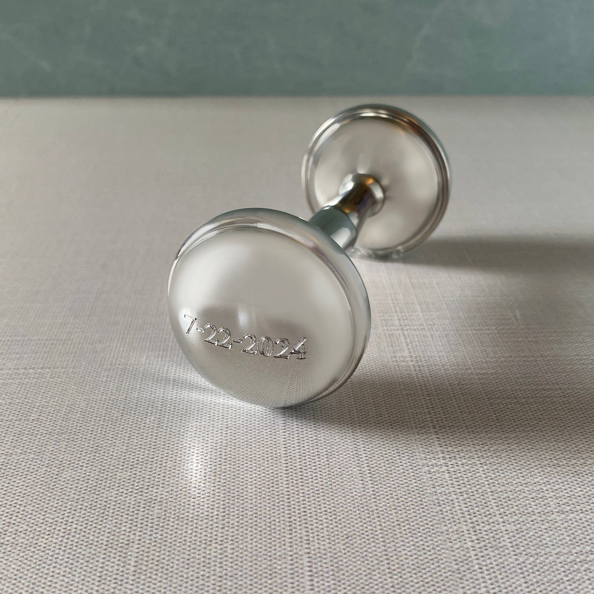 Pewter Dumbbell Baby Rattle with machine engraved date