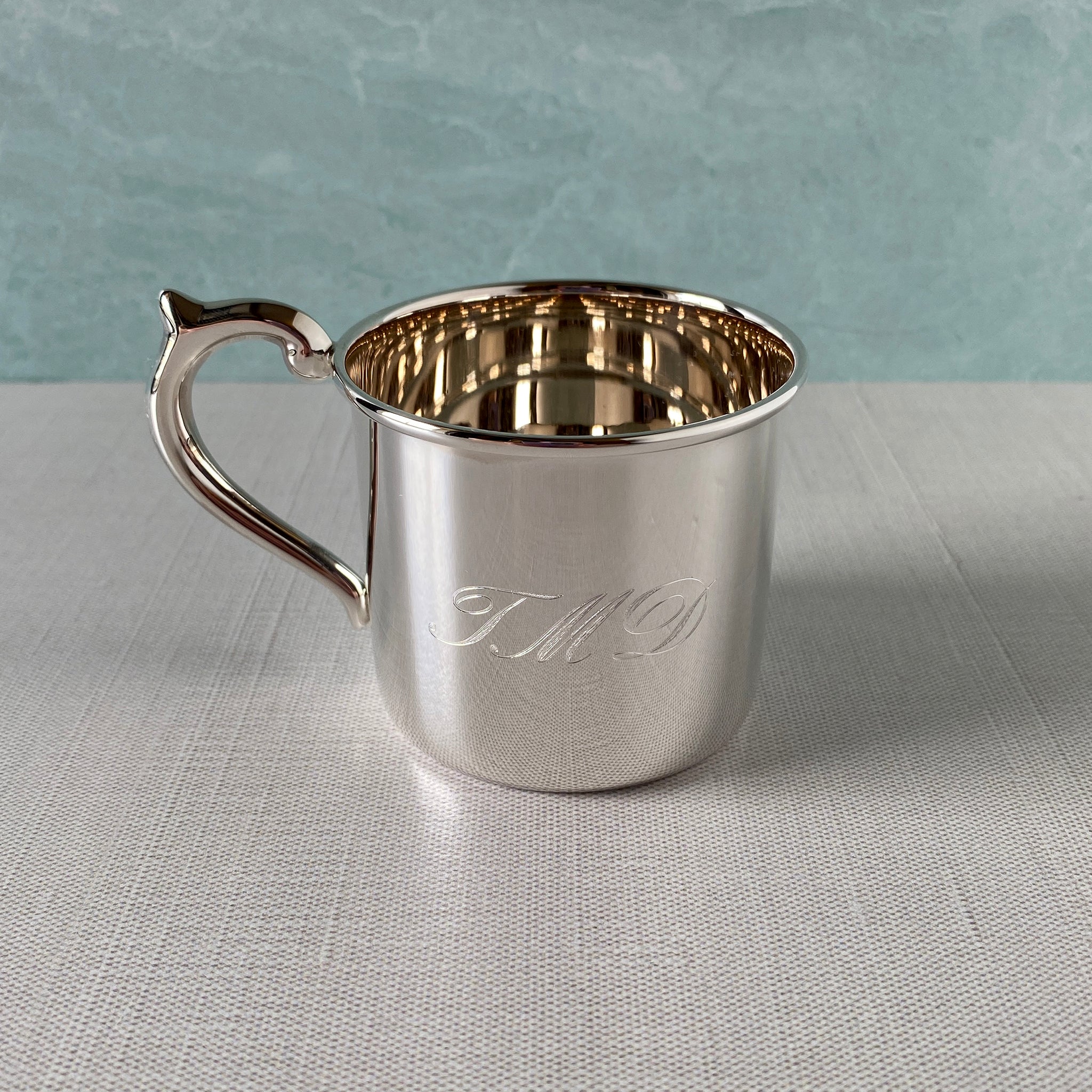 Sterling Silver Traditional Baby Cup with machine engraved script initials