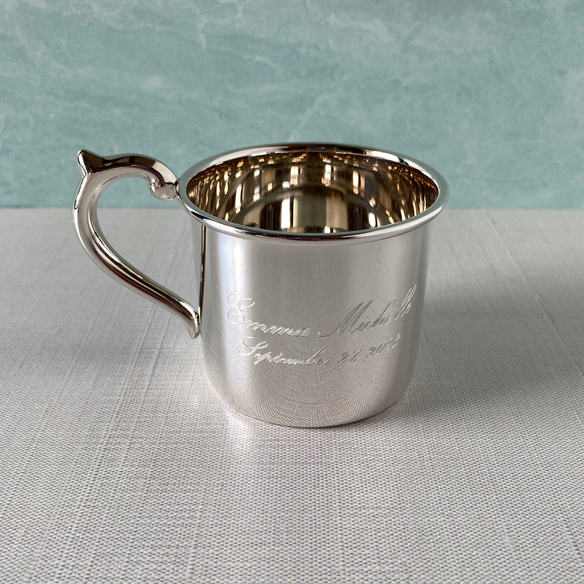 Sterling Silver Traditional Baby Cup with machine engraved script name and date 2 line text