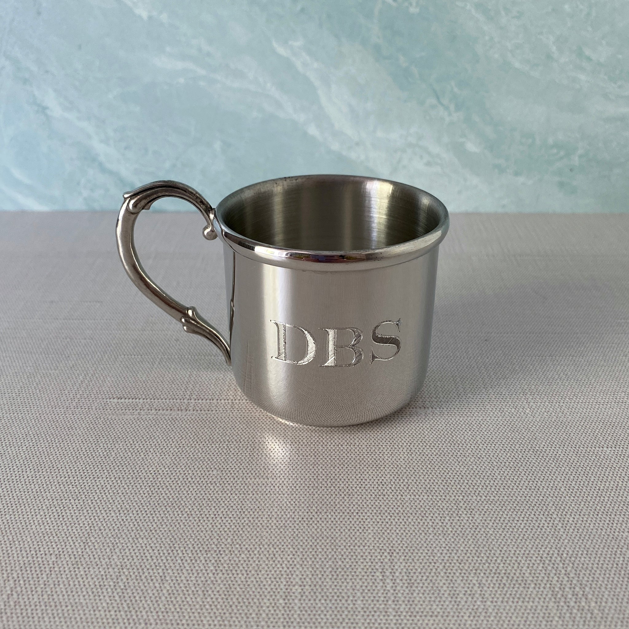 Pewter Easton Baby Cup with machine engraved engravers block initials