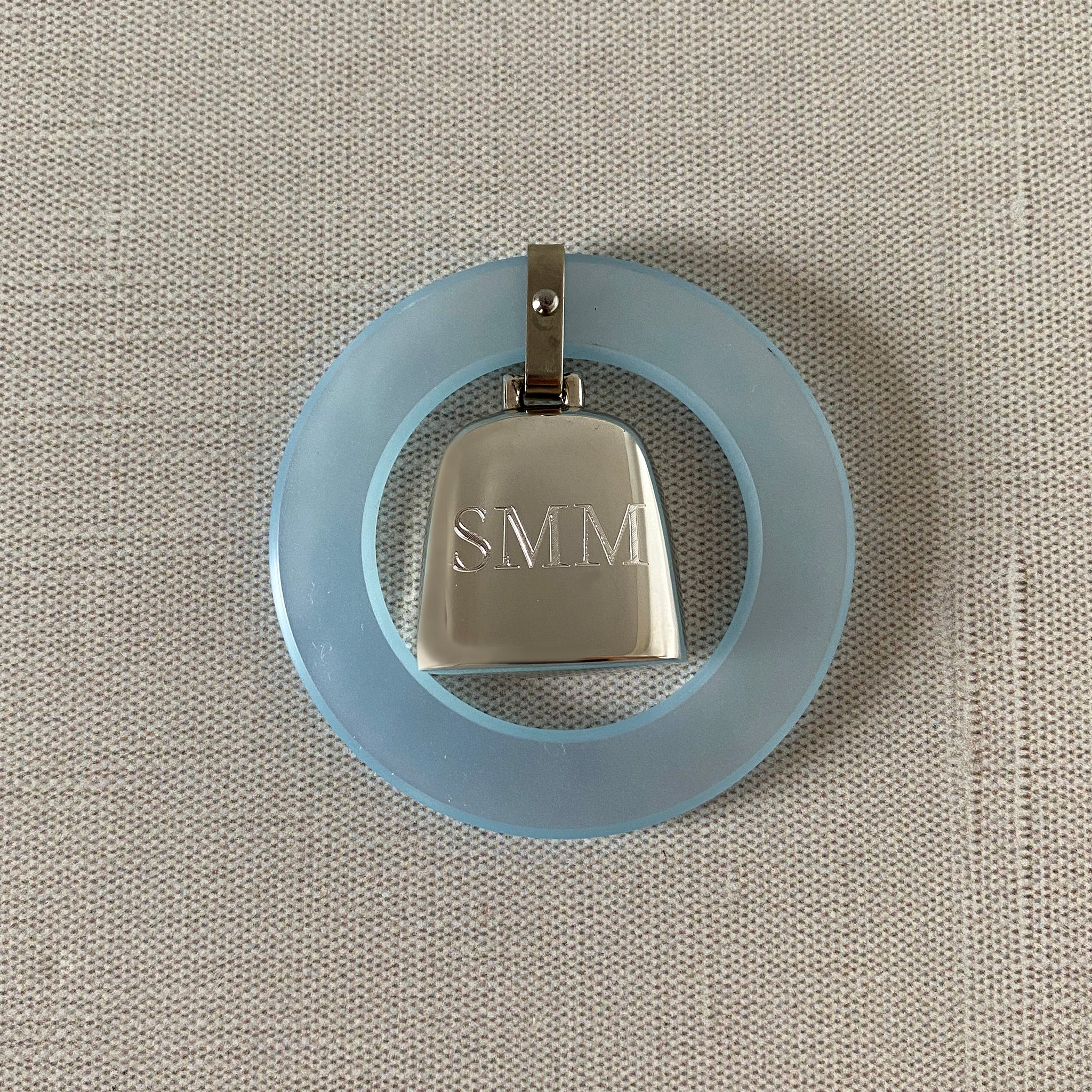 Blue Teething Ring Silver Baby Rattle with machine engraved block initials