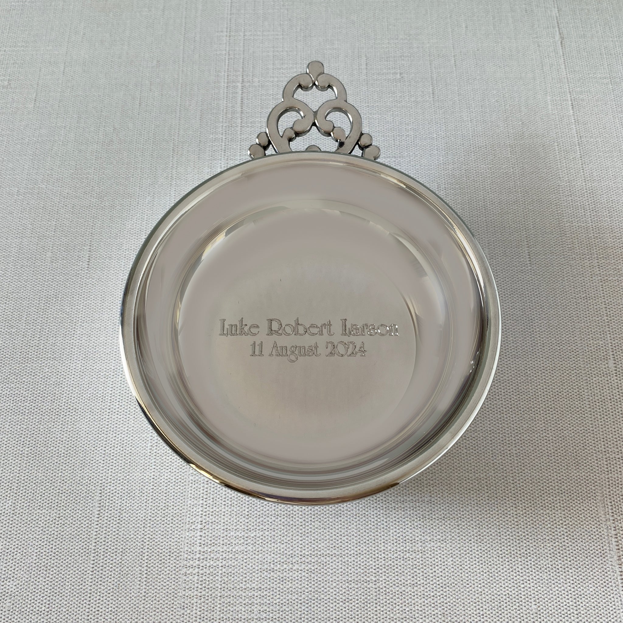 Pewter Baby Porringer with machine engraved name and date