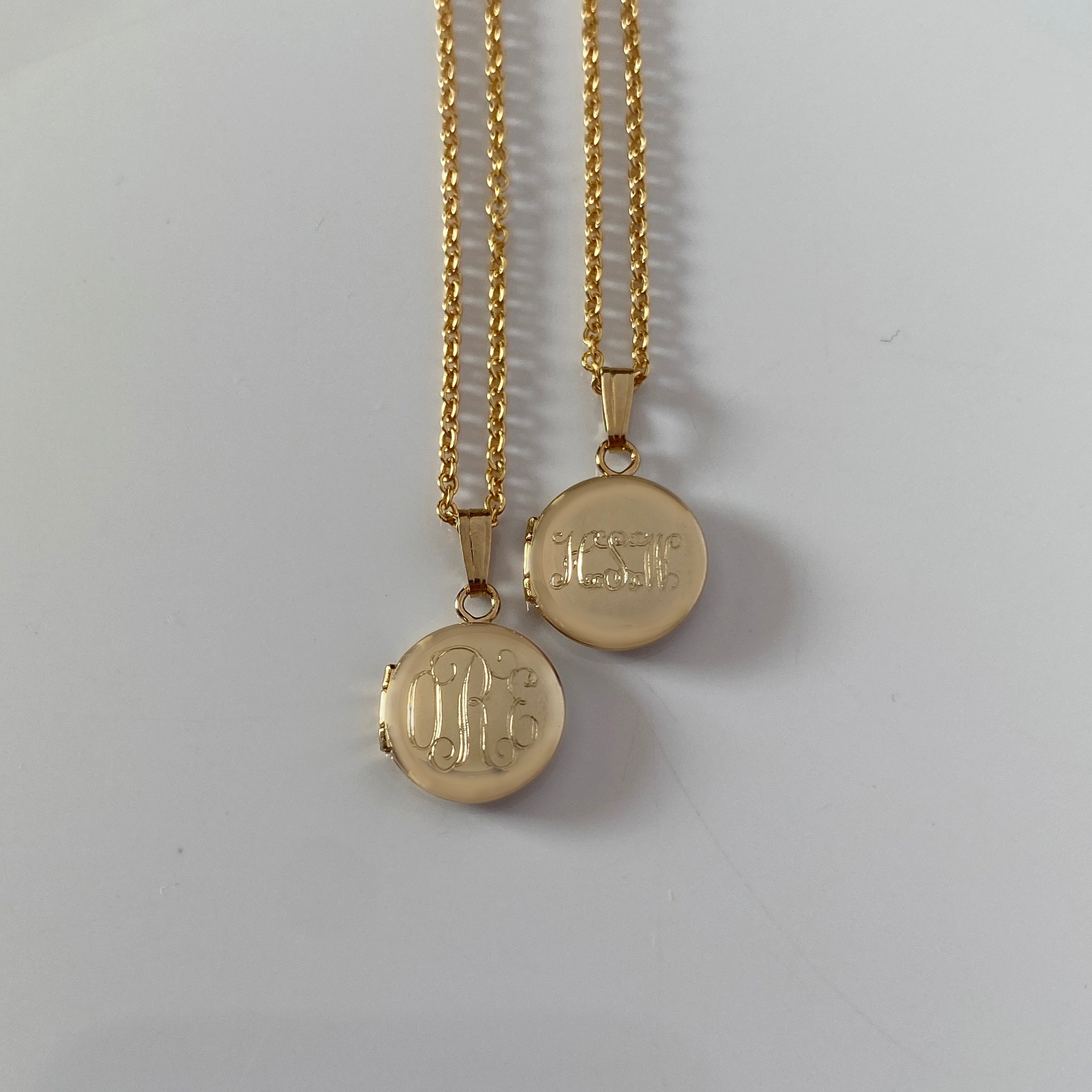 Baby 14K Gold Filled Round Locket Necklace with machine engraved script monogram and initials