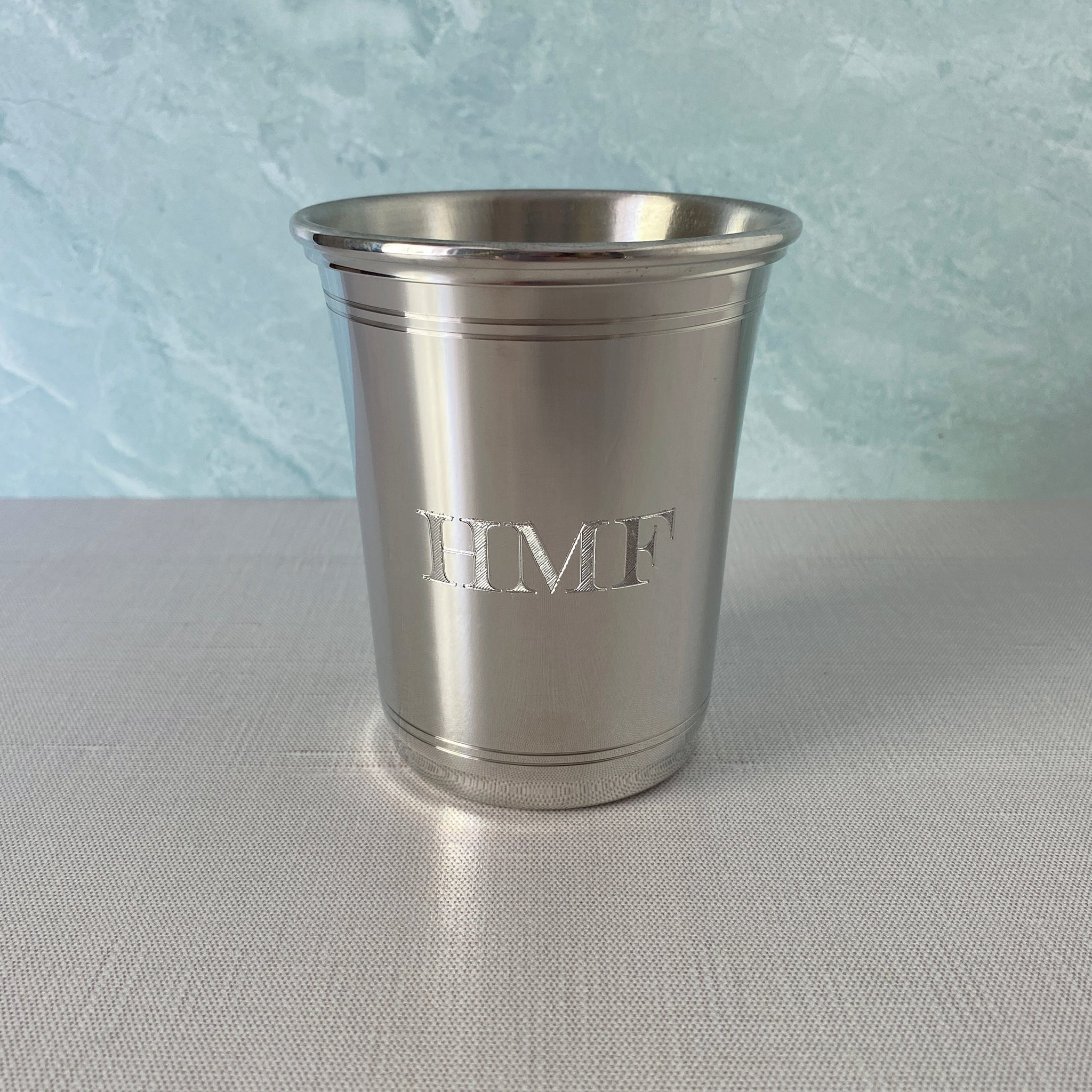 Pewter Carolina Julep Cup 12oz with machine engraved block initials
