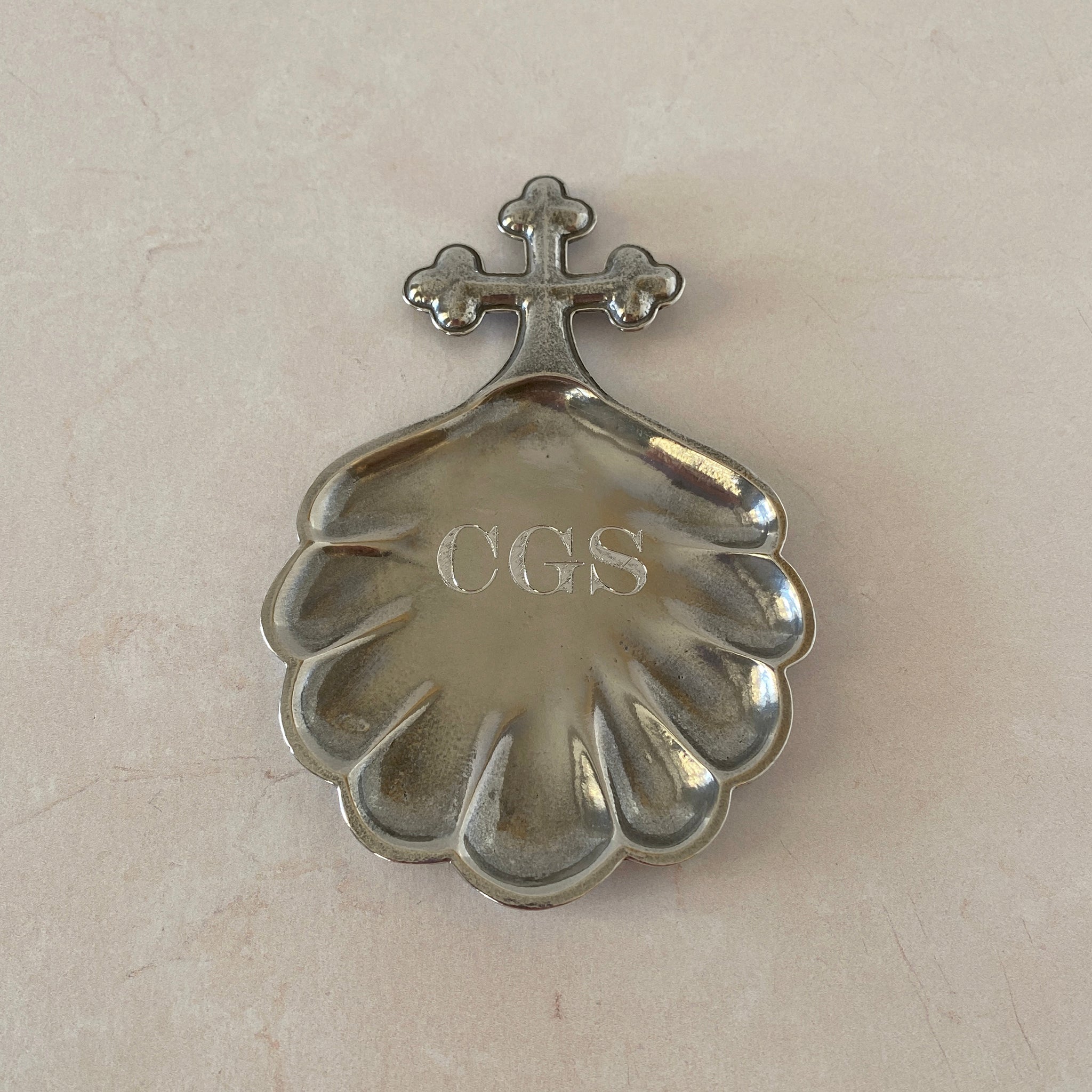 Pewter Baptismal Shell with engraved initials