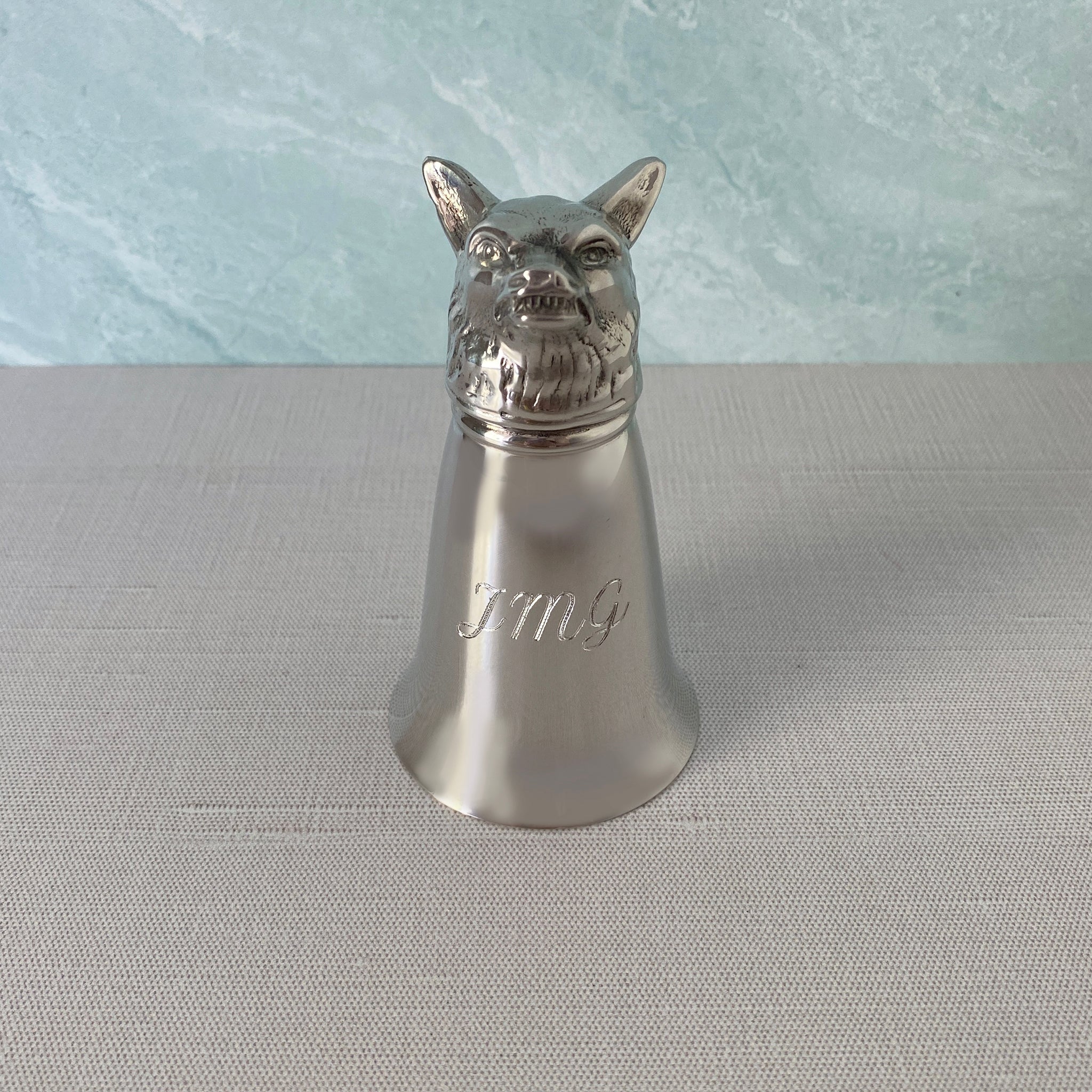 Pewter Fox Stirrup Cup Jigger 2.5oz with machine engraved initials