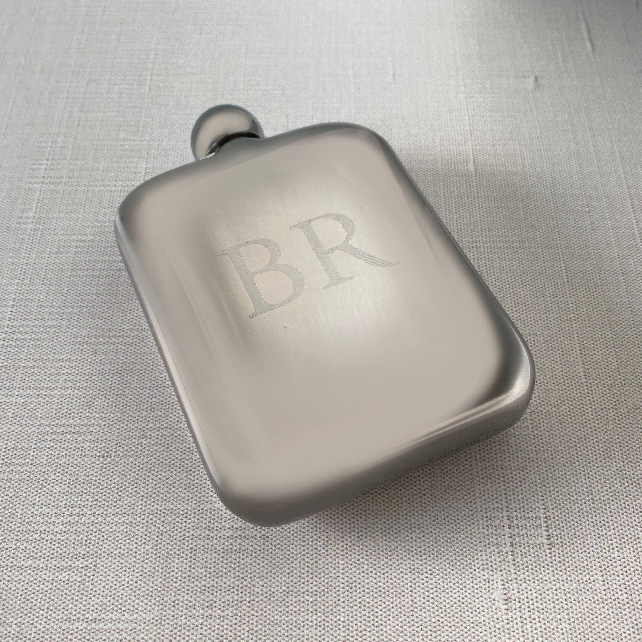 Stainless Steel Mirror Finish Round Corner Flask 6oz with machine engraved block initials