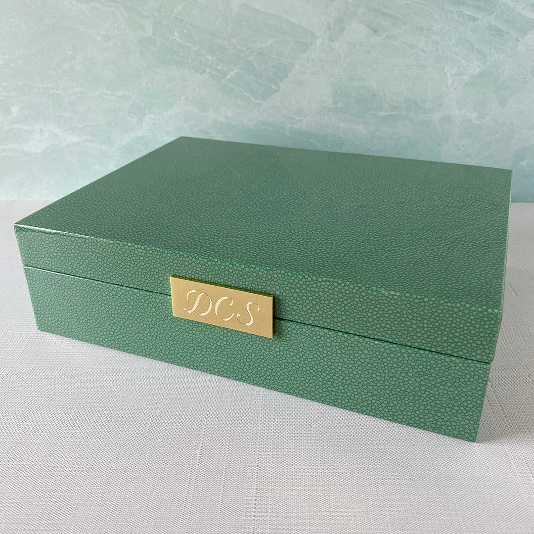 Green Shagreen & Gold Plated Trim Large Jewelry Box with machine engraved initials