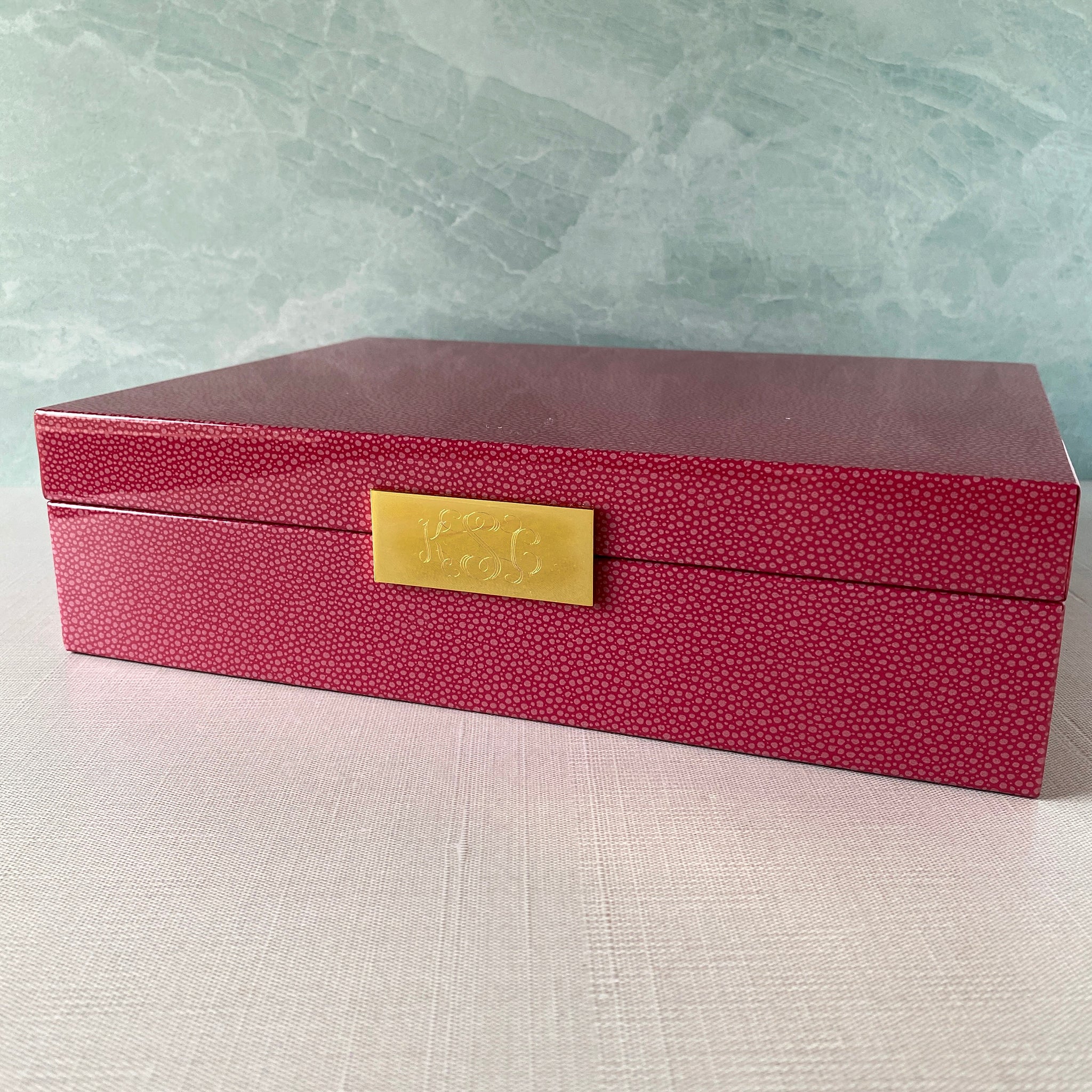 Pink Shagreen & Gold Plated Trim Large Jewelry Box with machine engraved interlocking script monogram