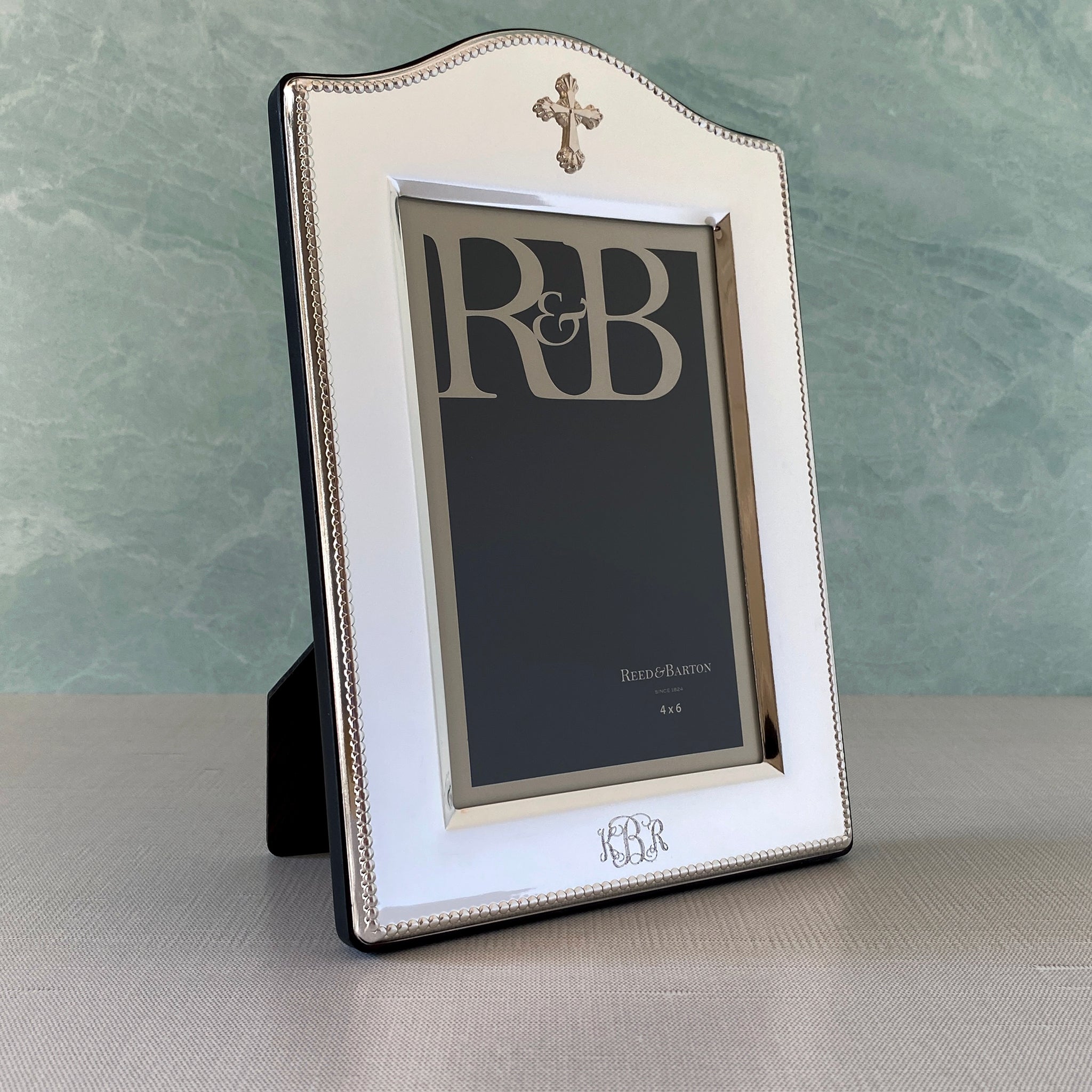 Silver Plated Abbey Cross Picture Frame 4x6 with machine engraved script monogram