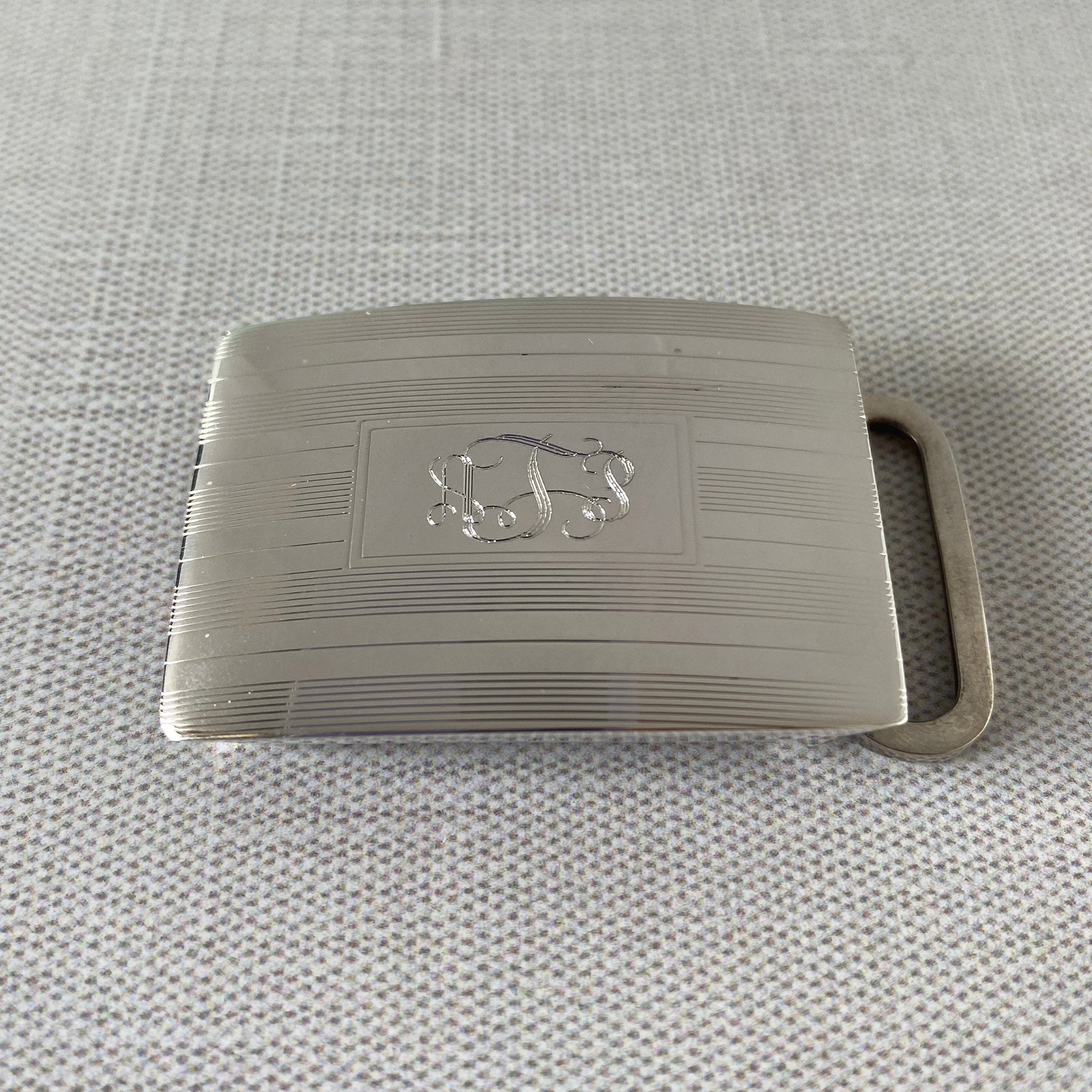 Engine Turned Sterling Silver Belt Buckle 1″ with machine engraved interlocking script monogram