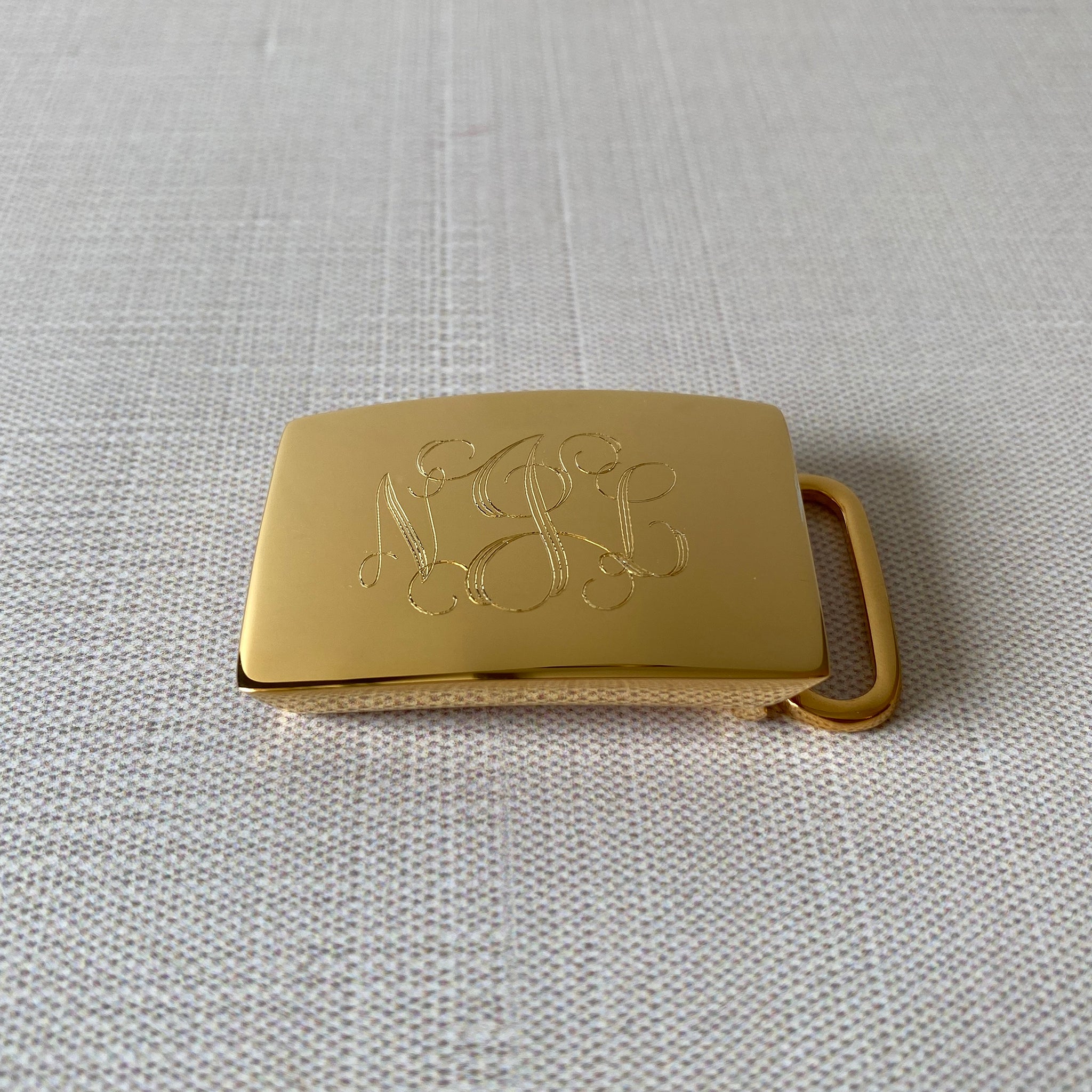 Plain Gold Plated Belt Buckle with machine engraved interlocking script monogram