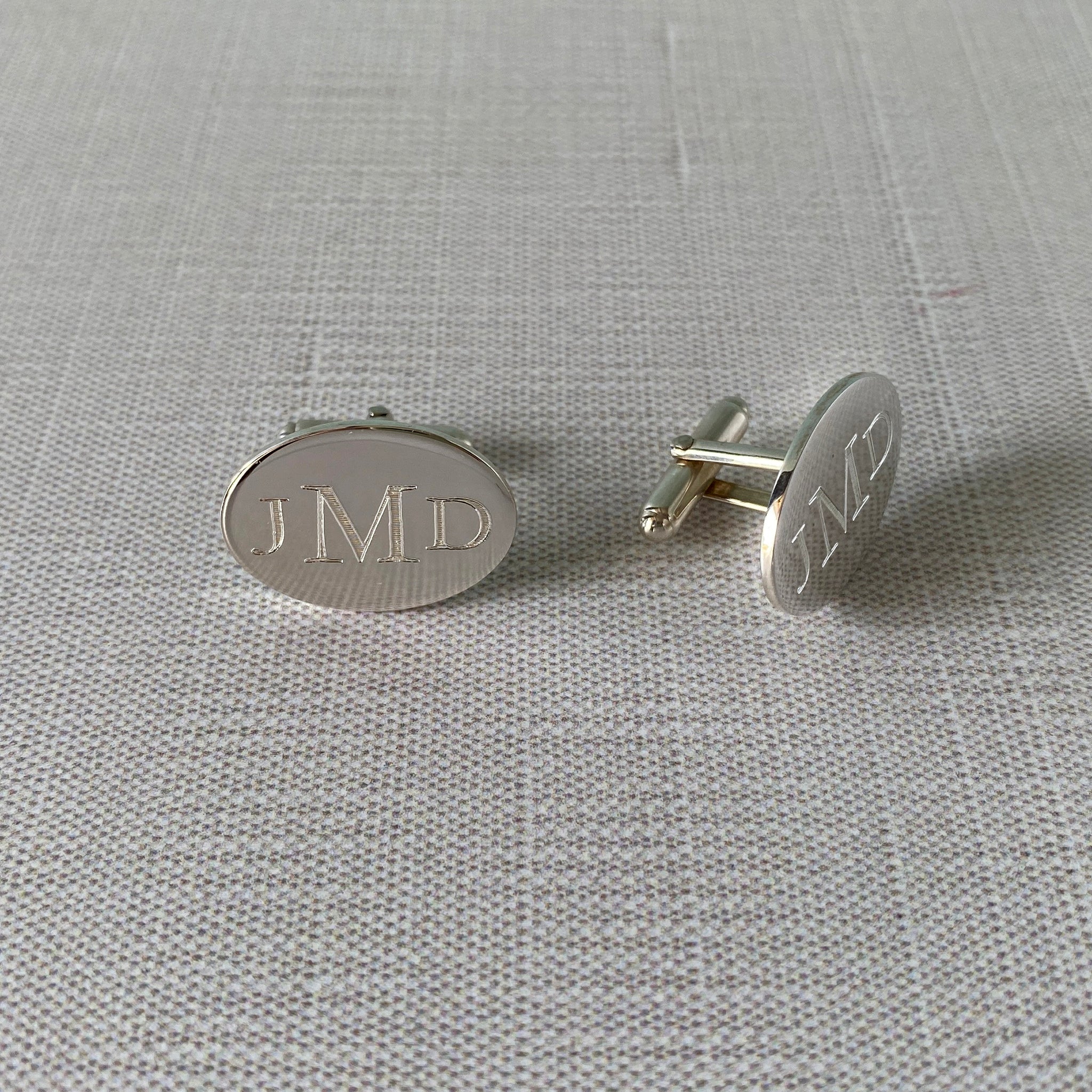 Sterling Silver Large Plain Oval Cufflinks with machine engraved monogram