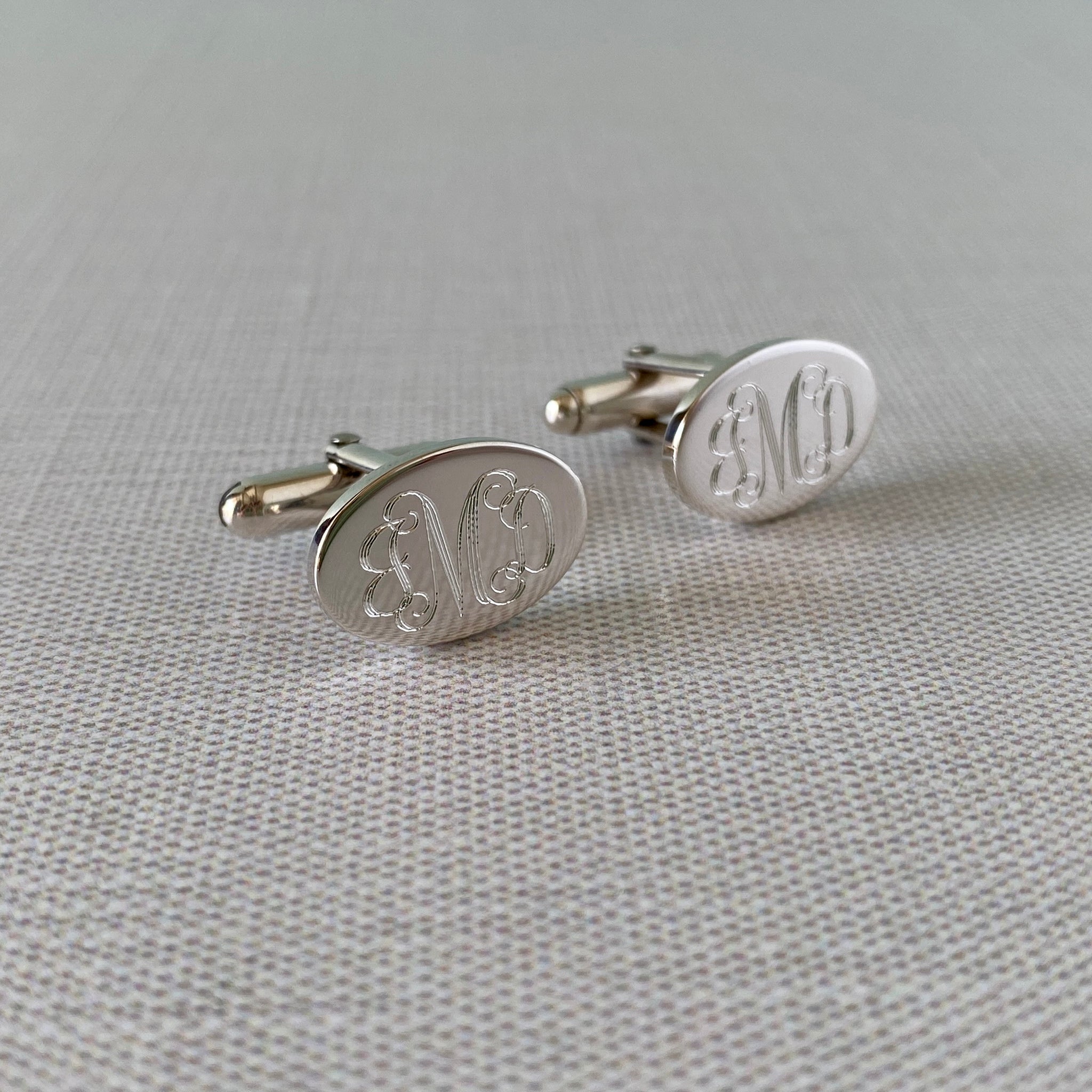 Sterling Silver Small Plain Oval Cufflinks with machine engraved interlocking script monogram