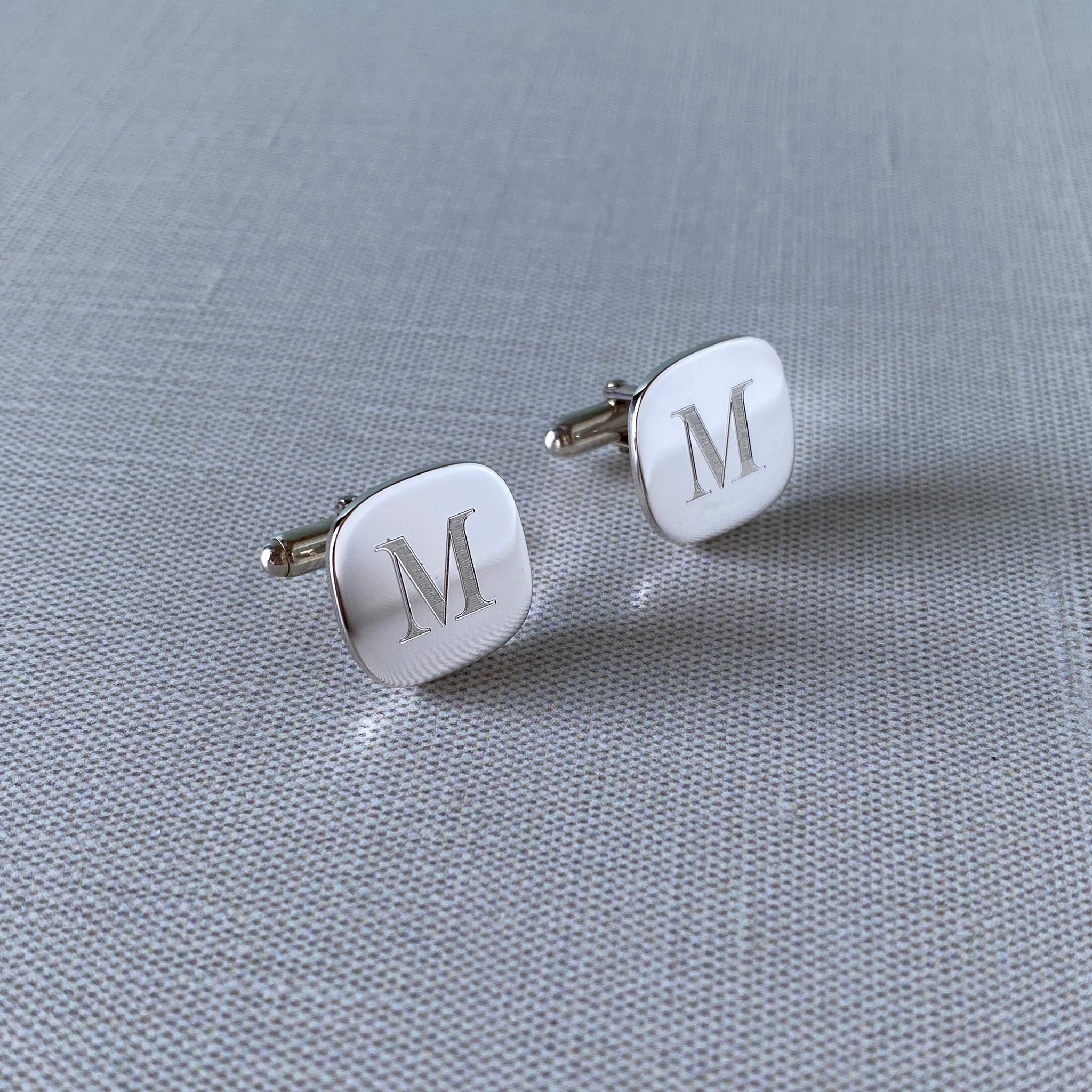 Sterling Silver Plain Square Cushion Cufflinks with machine engraved initial
