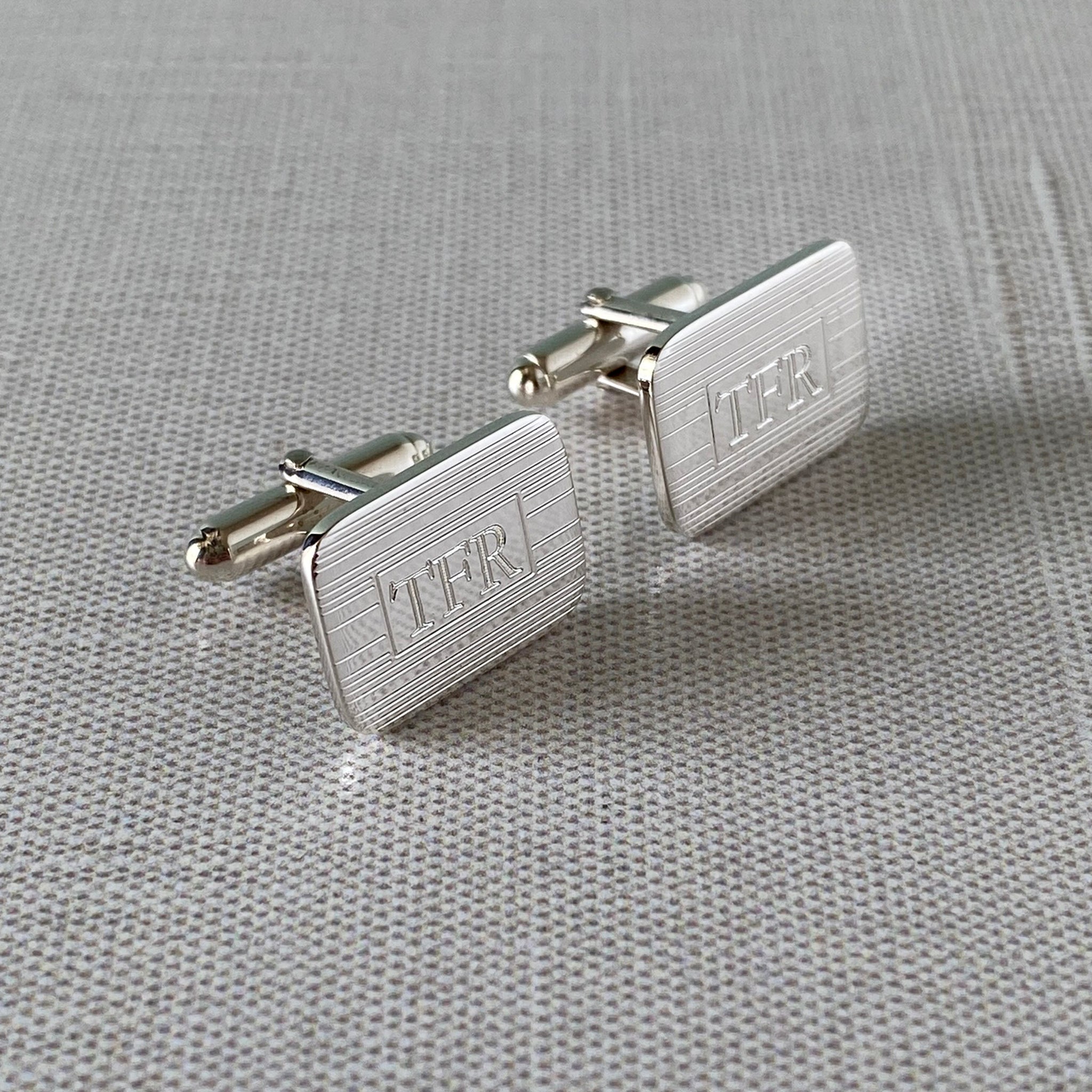 Sterling Silver Engine Turned Rectangle Cushion Cufflinks with machine engraved initials