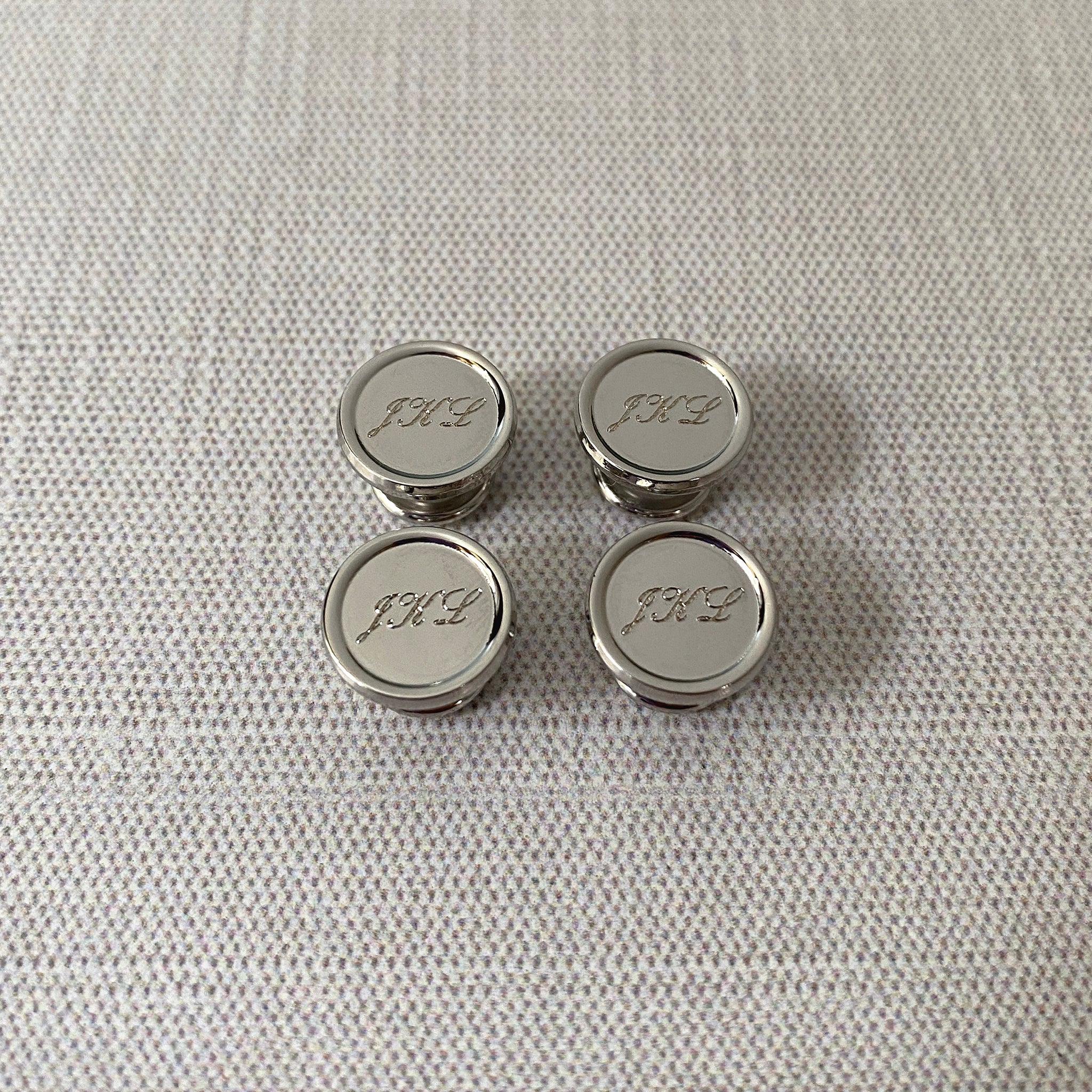 Silver Plated Polished Round Rimmed Shirt Studs with machine engraved script initials