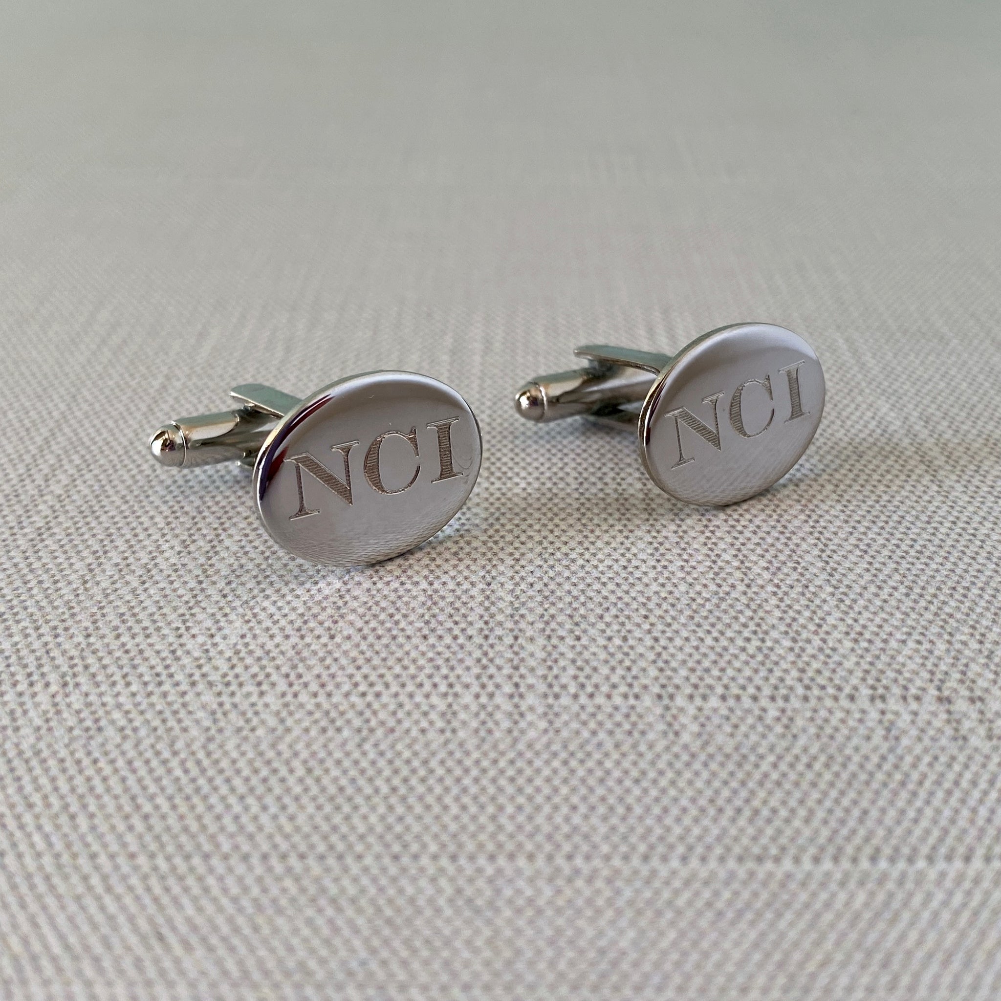 Silver Plated Polished Oval Cufflinks with machine engraved block initials
