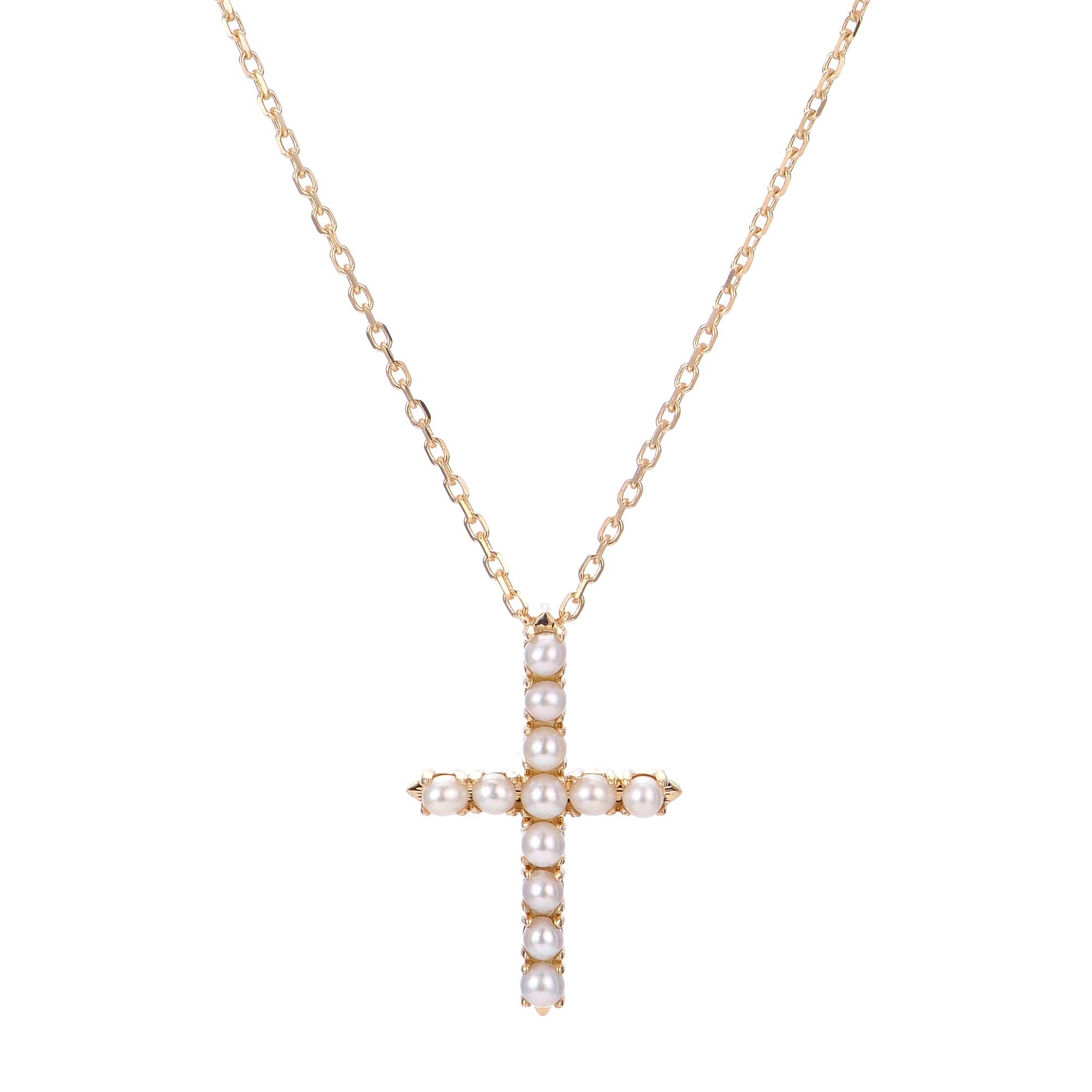 Freshwater Seed Pearl Cross 14K Yellow Gold Pendant Necklace