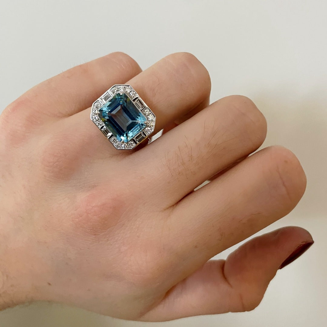 Emerald Cut Blue Topaz & Diamond 18K White Gold Ring