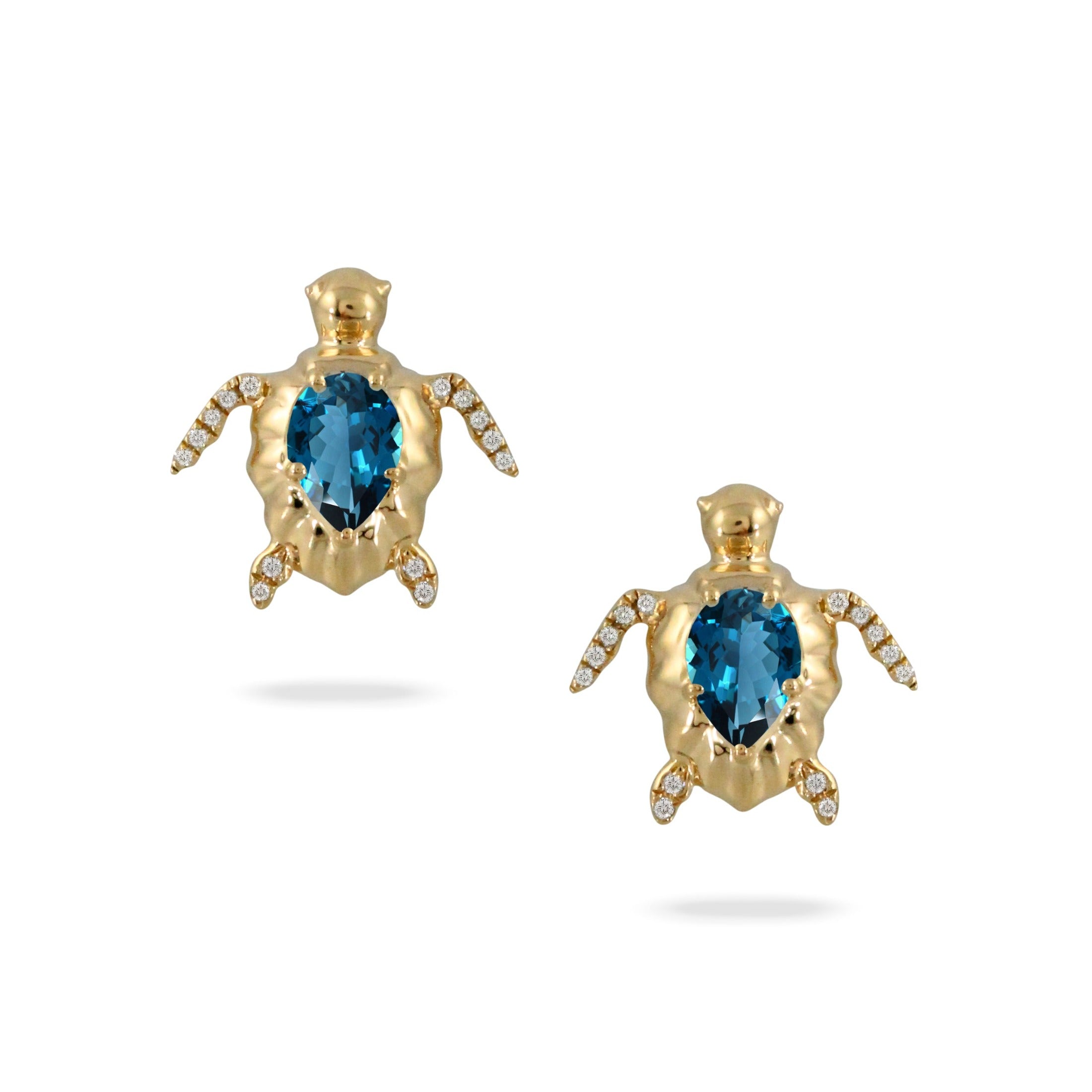 Blue Topaz & Diamond 18K Gold Sea Turtle Stud Earrings