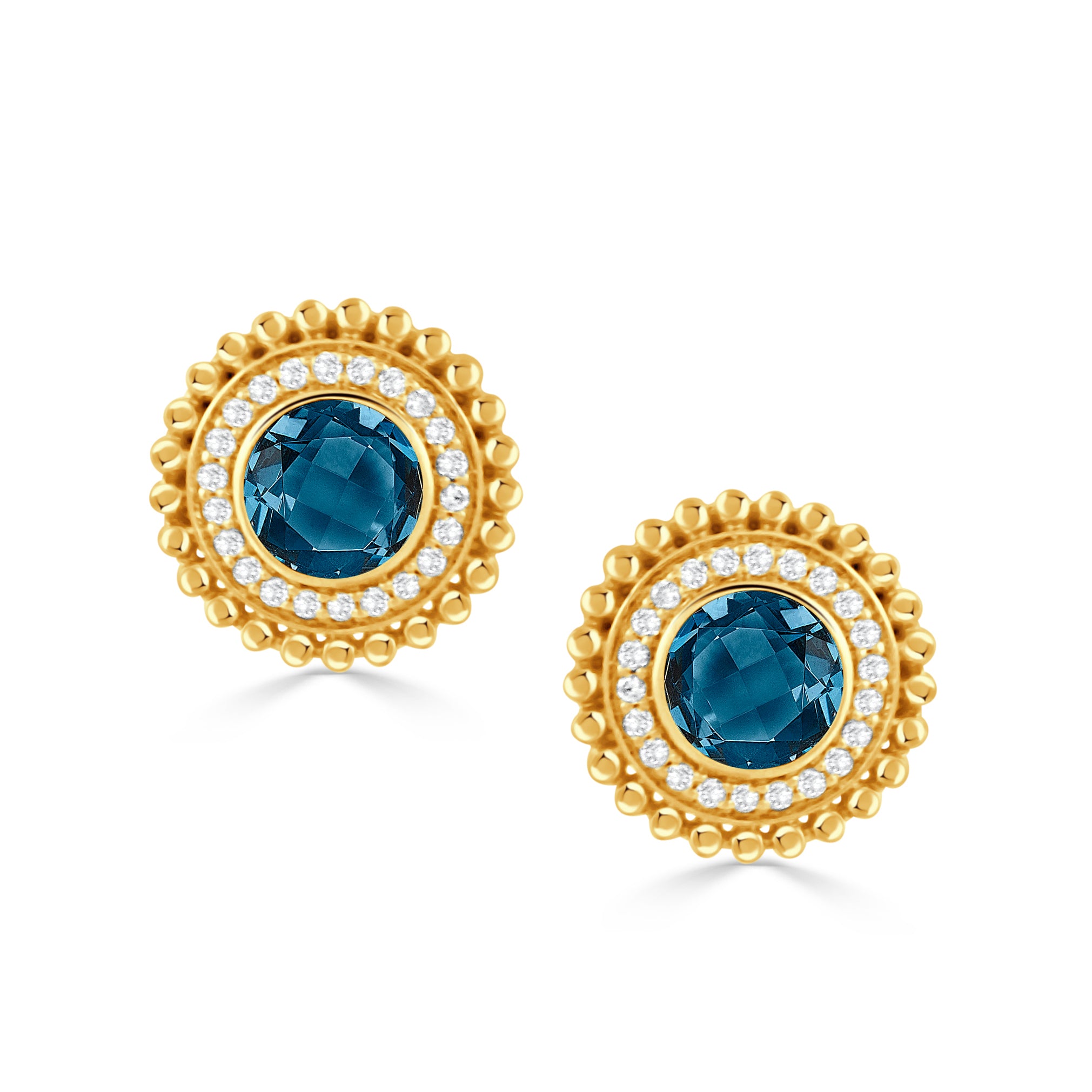 London Blue Topaz & Diamond 18K Gold Beaded Stud Earrings