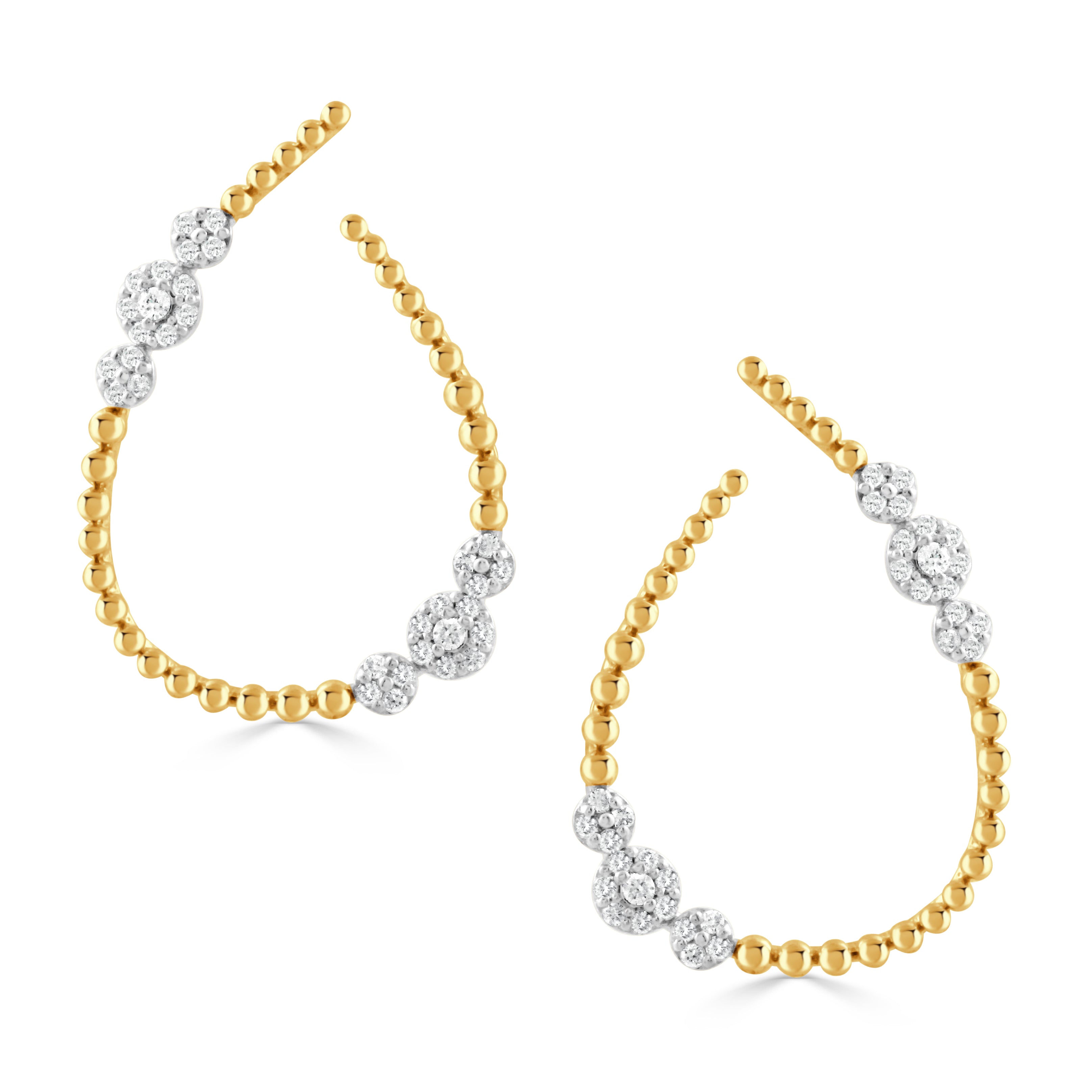 Diamond 18K Gold Beaded Open Hoop Earrings