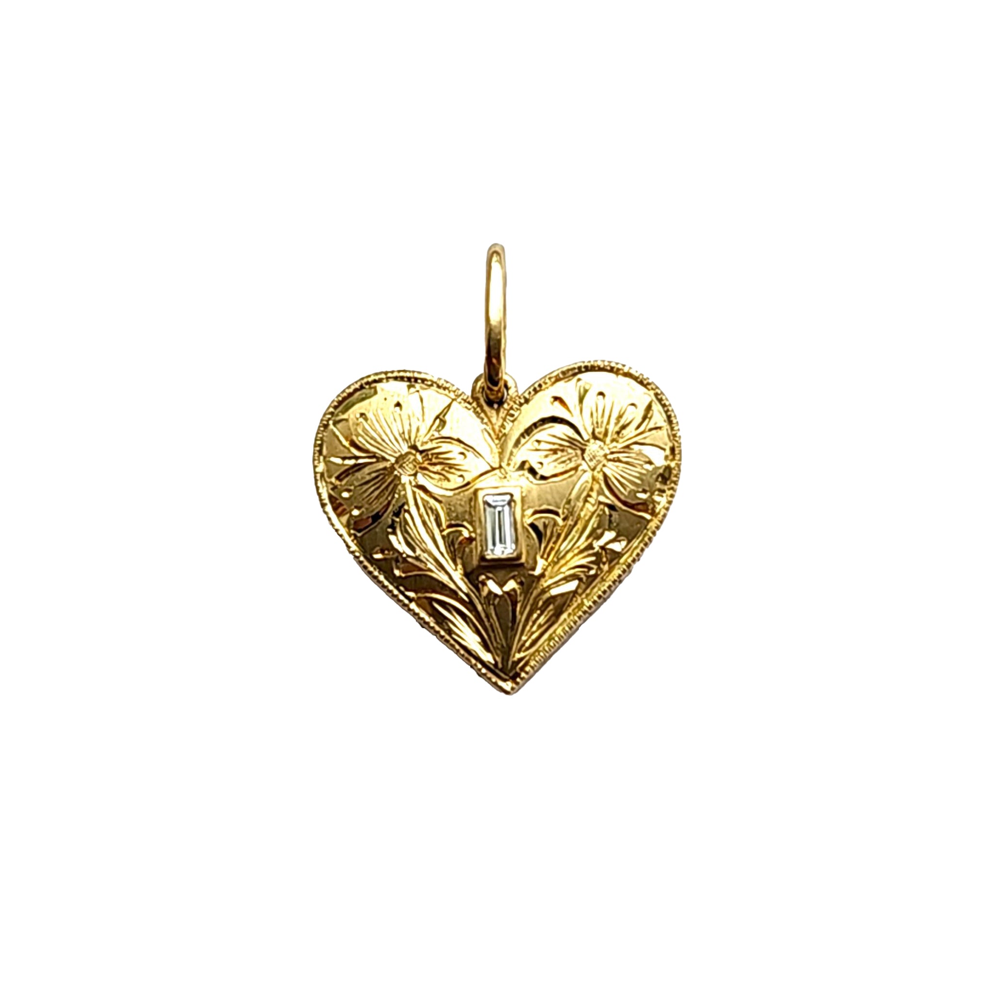 Erica Molinari 18K Gold Hand Engraved Medium Heart Baguette Diamond Charm